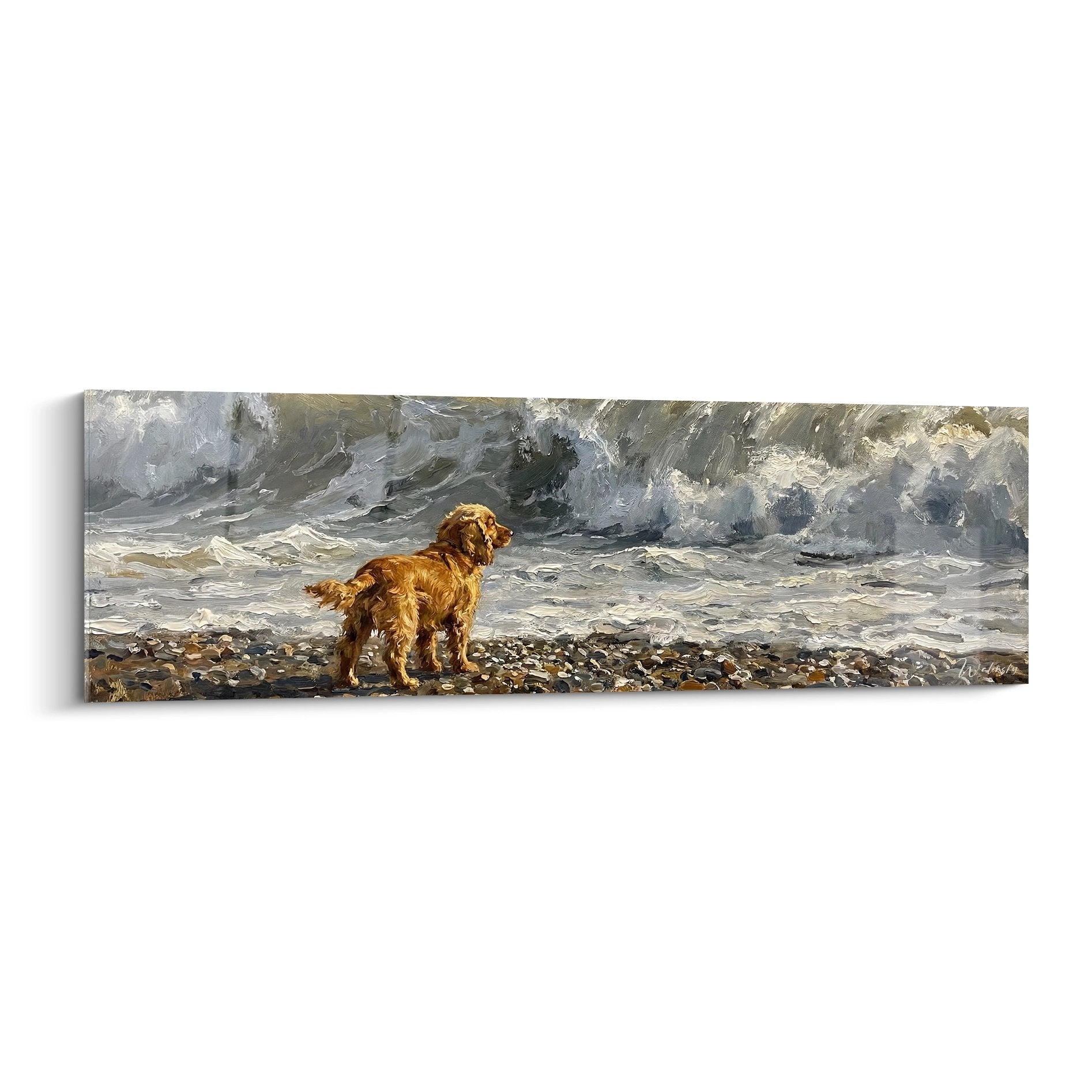 Cocker anglais dore contemplant vagues ecumeuses sur rivage galets peinture marine panoramique tons gris bleu