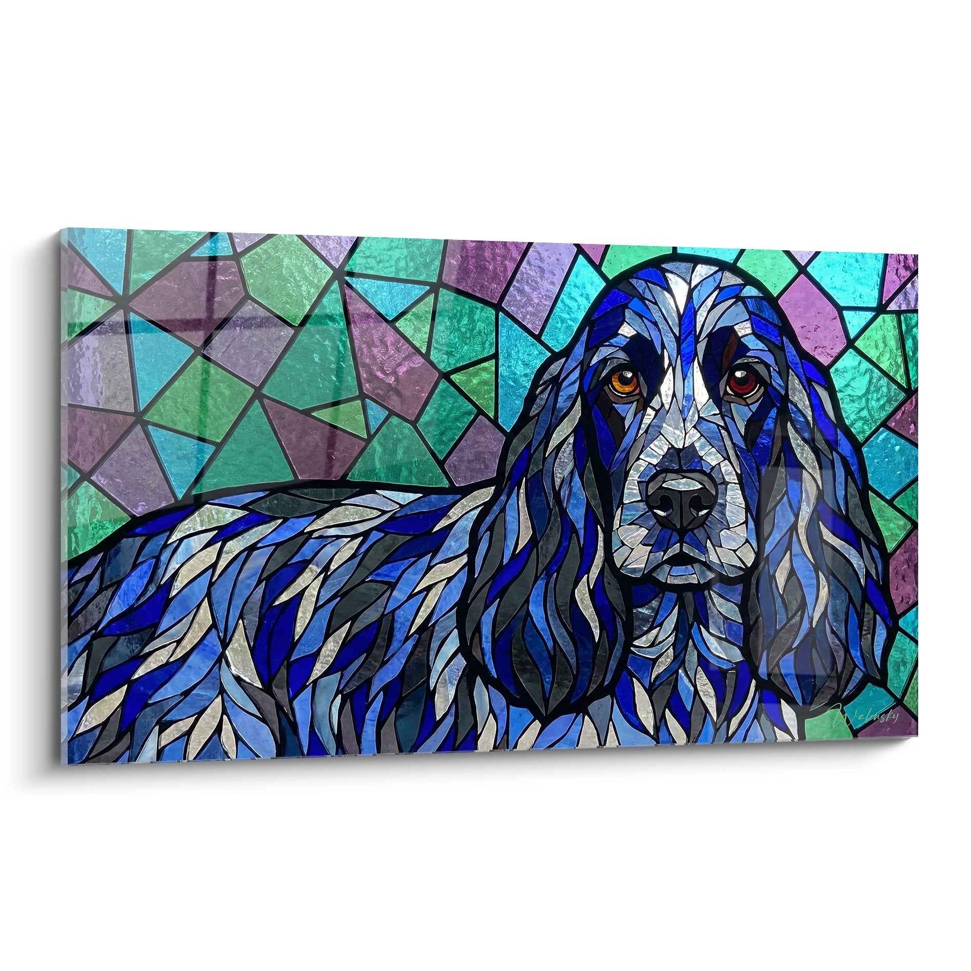 Portrait Cocker Anglais mosaique bleue style vitrail yeux ambrés fond turquoise violet tableau mural