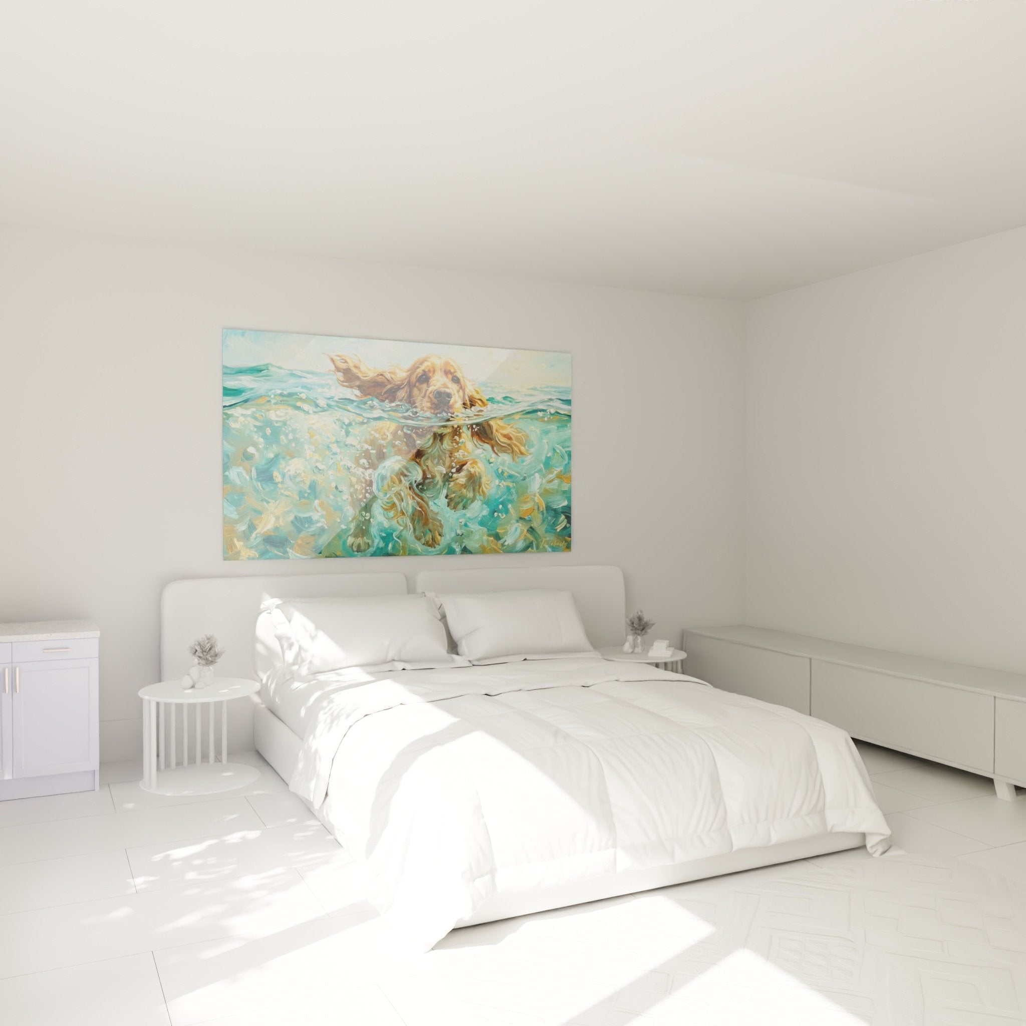 Cocker Anglais aquatique dans chambre moderne - deco murale bleue et doree pour interieur apaisant