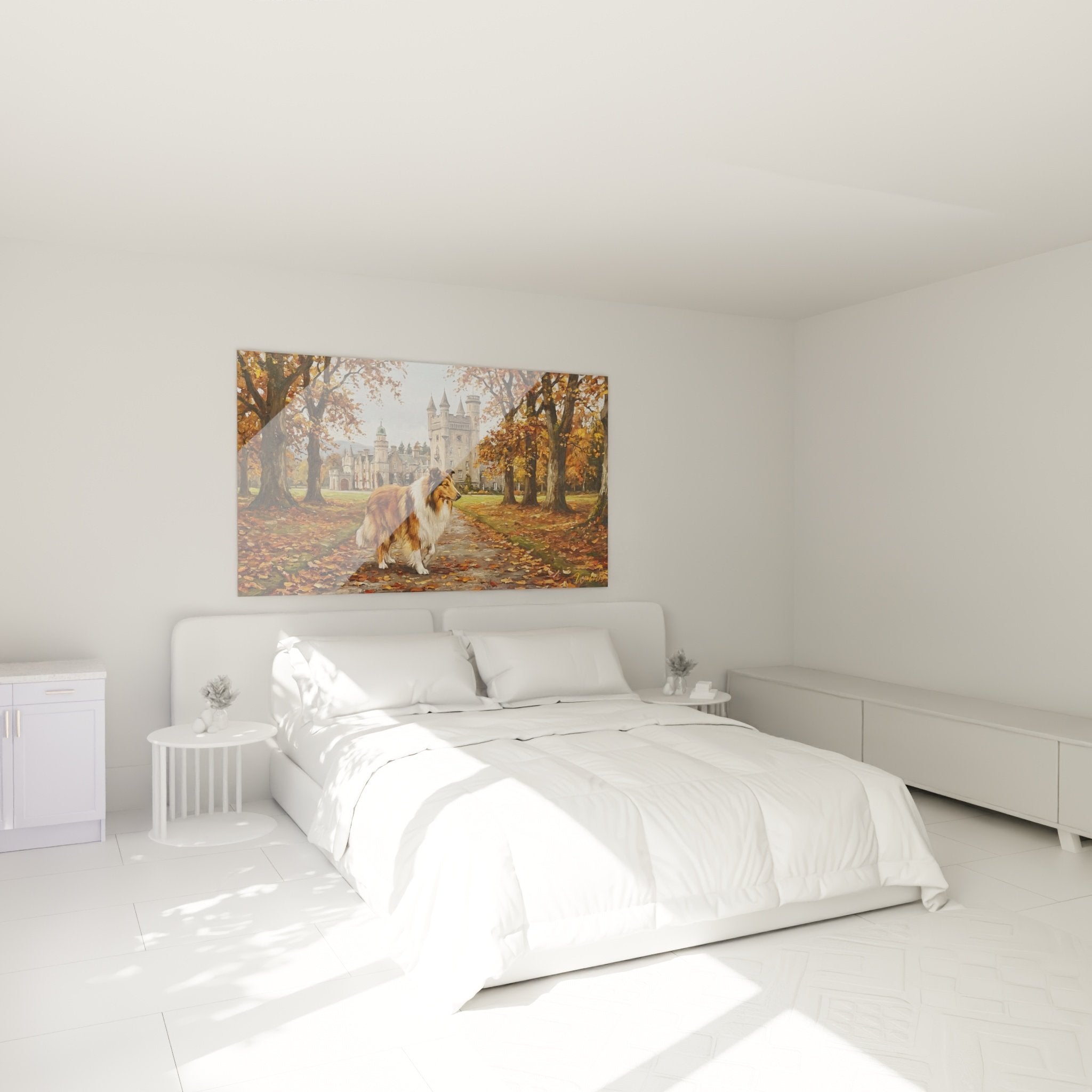 Tableau Collie chateau automnal accroche au mur chambre decoration murale chaleureuse