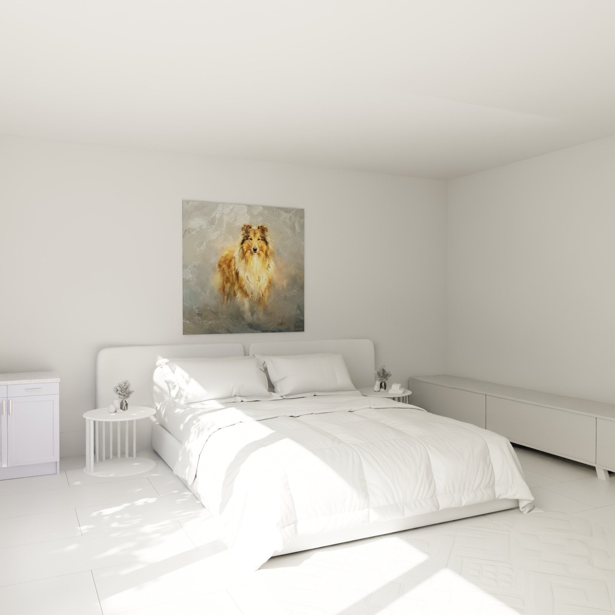 Golden Collie wall art hanging in modern bedroom, warm ambiance with beige and gold tones