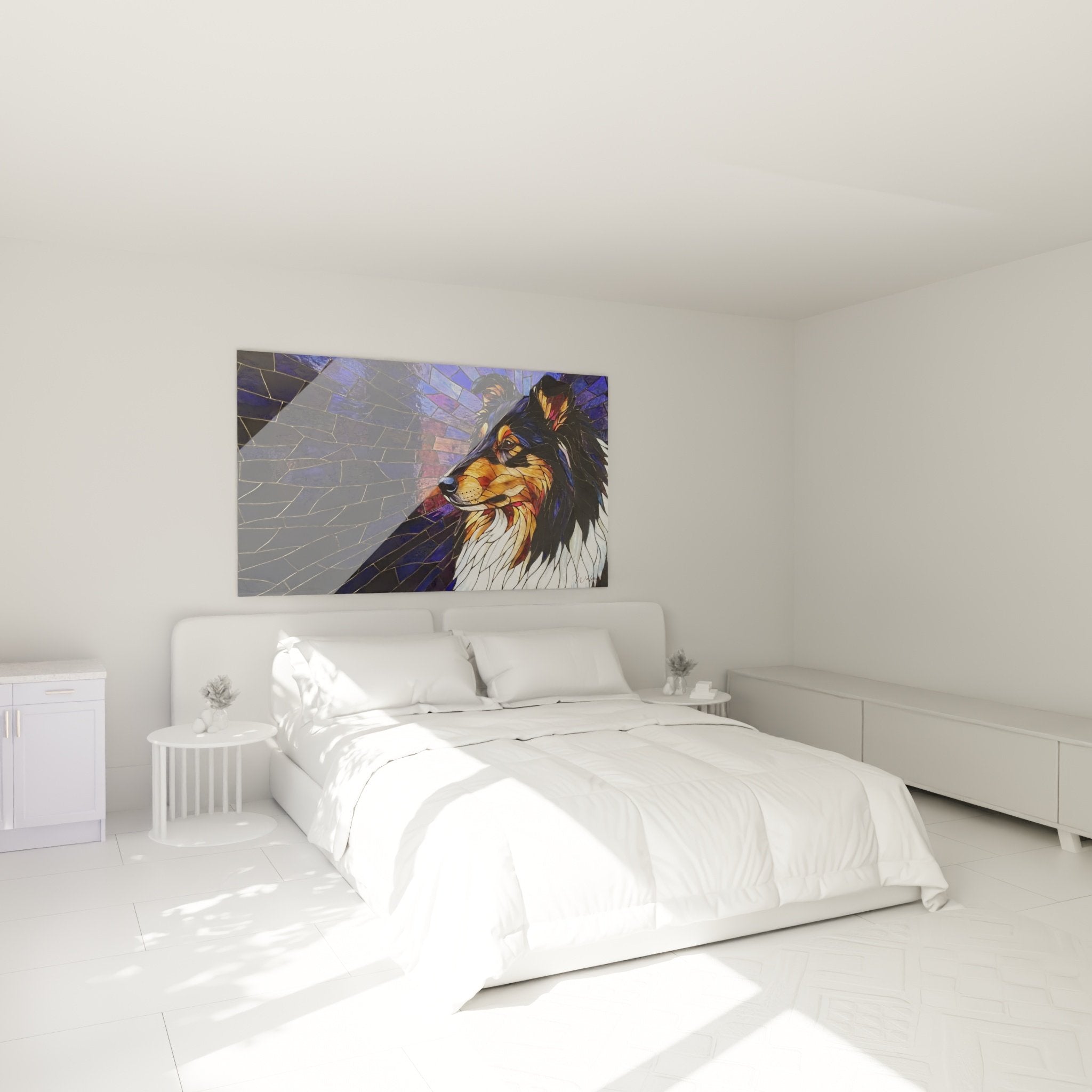 Mosaik-Gemälde Collie tricolor in modernem Schlafzimmer, geometrische Glasmalerei-Kunst blau orange
