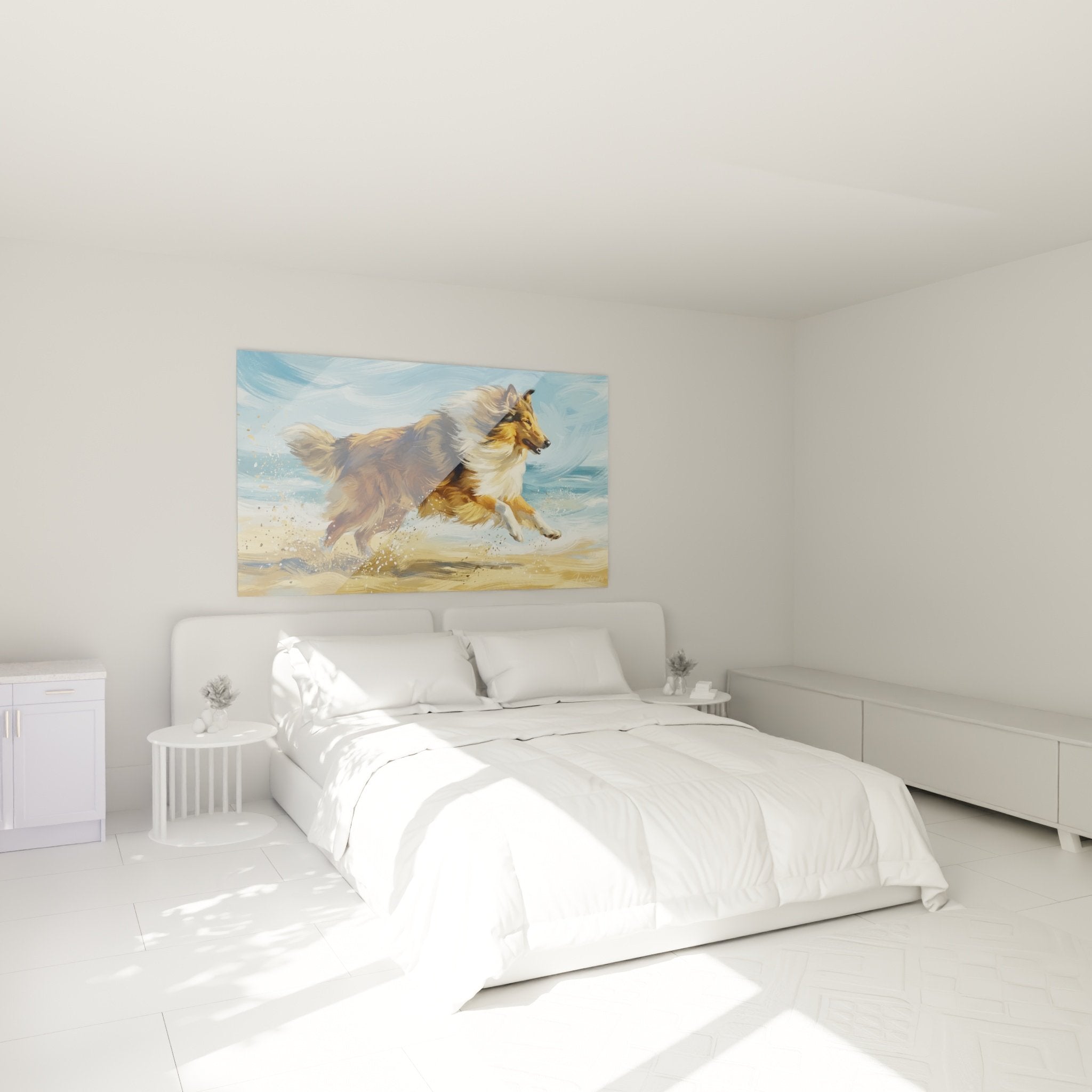 Collie en mouvement sur plage, tableau décoratif pour chambre avec tons chauds et ambiance maritime