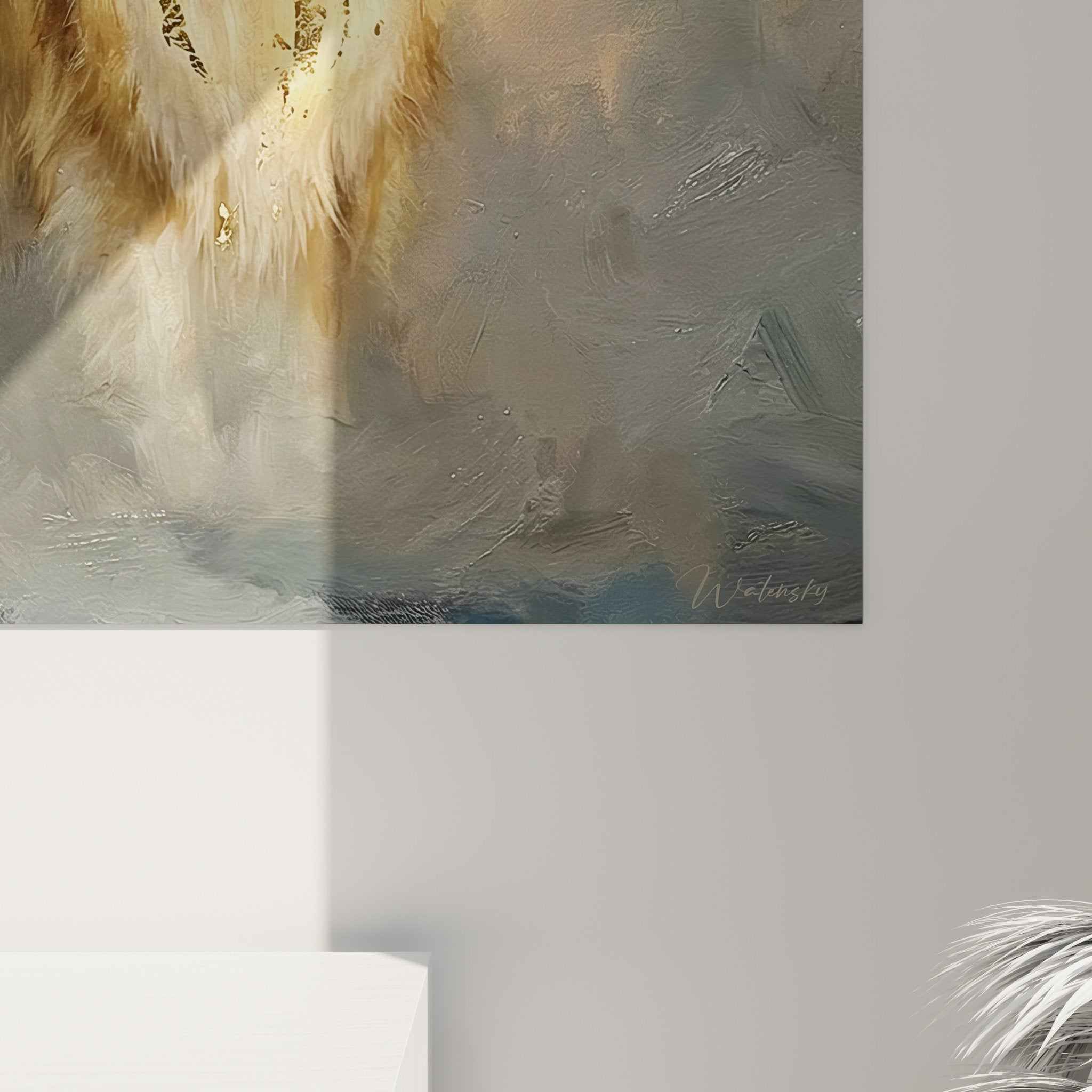 Overview of Collie wall art in contemporary living room, gray walls and white furniture, elegant decoration