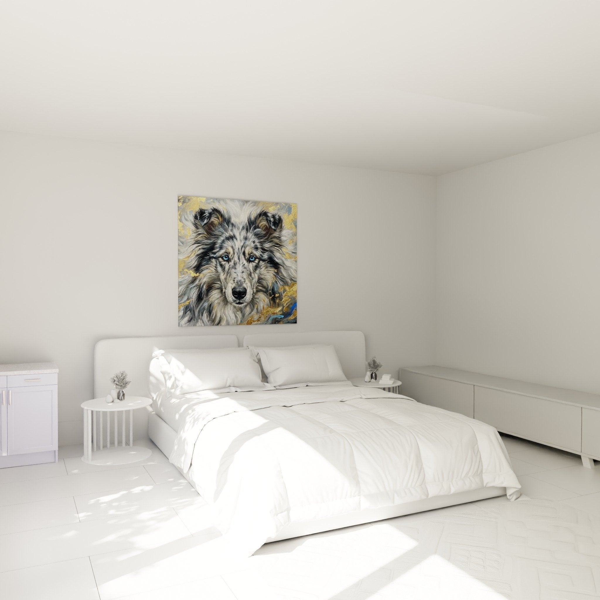 Tableau Collie yeux bleus accroché dans chambre moderne avec décoration épurée