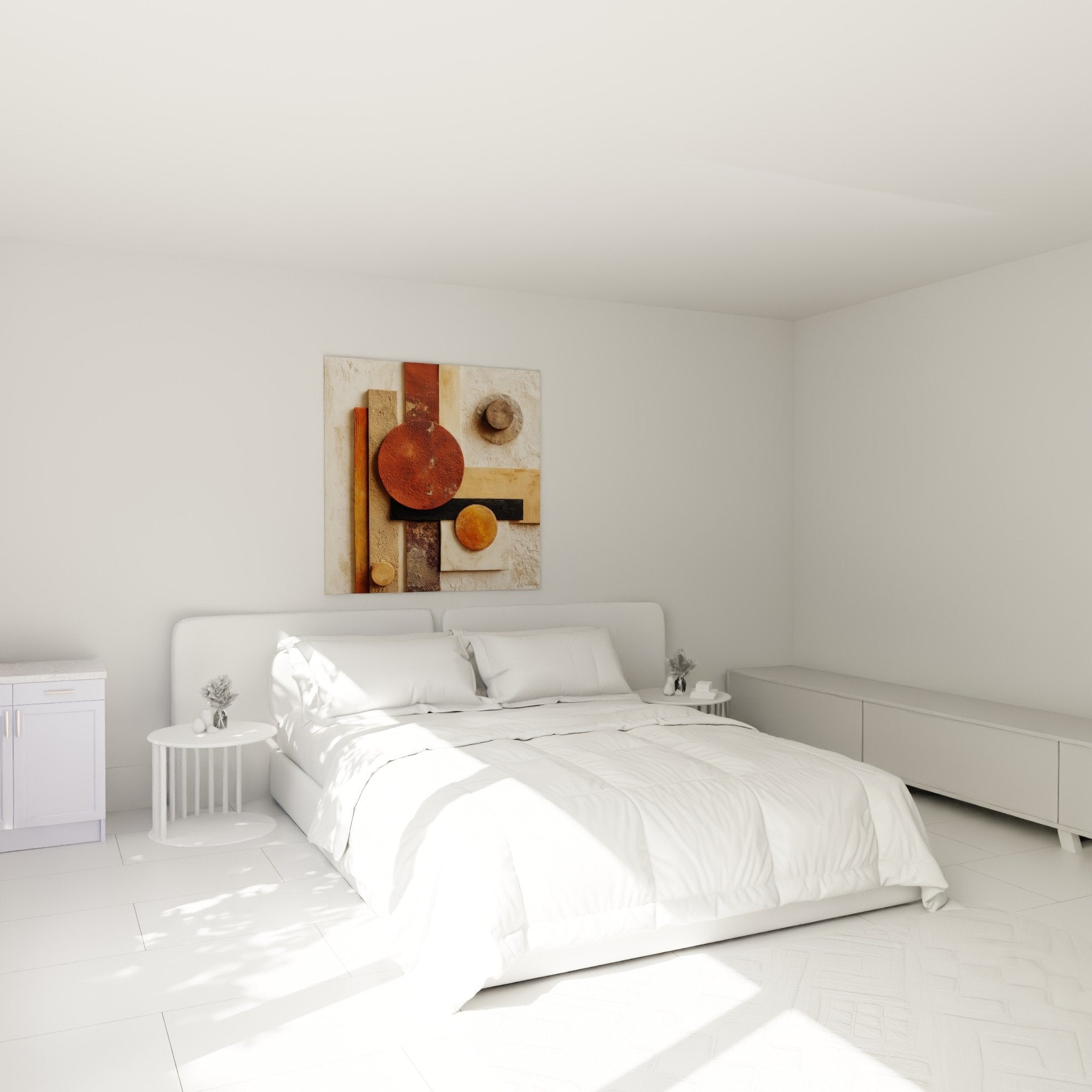 Composition abstraite murale chambre tons terreux ocre rouge decoration feng shui apaisante