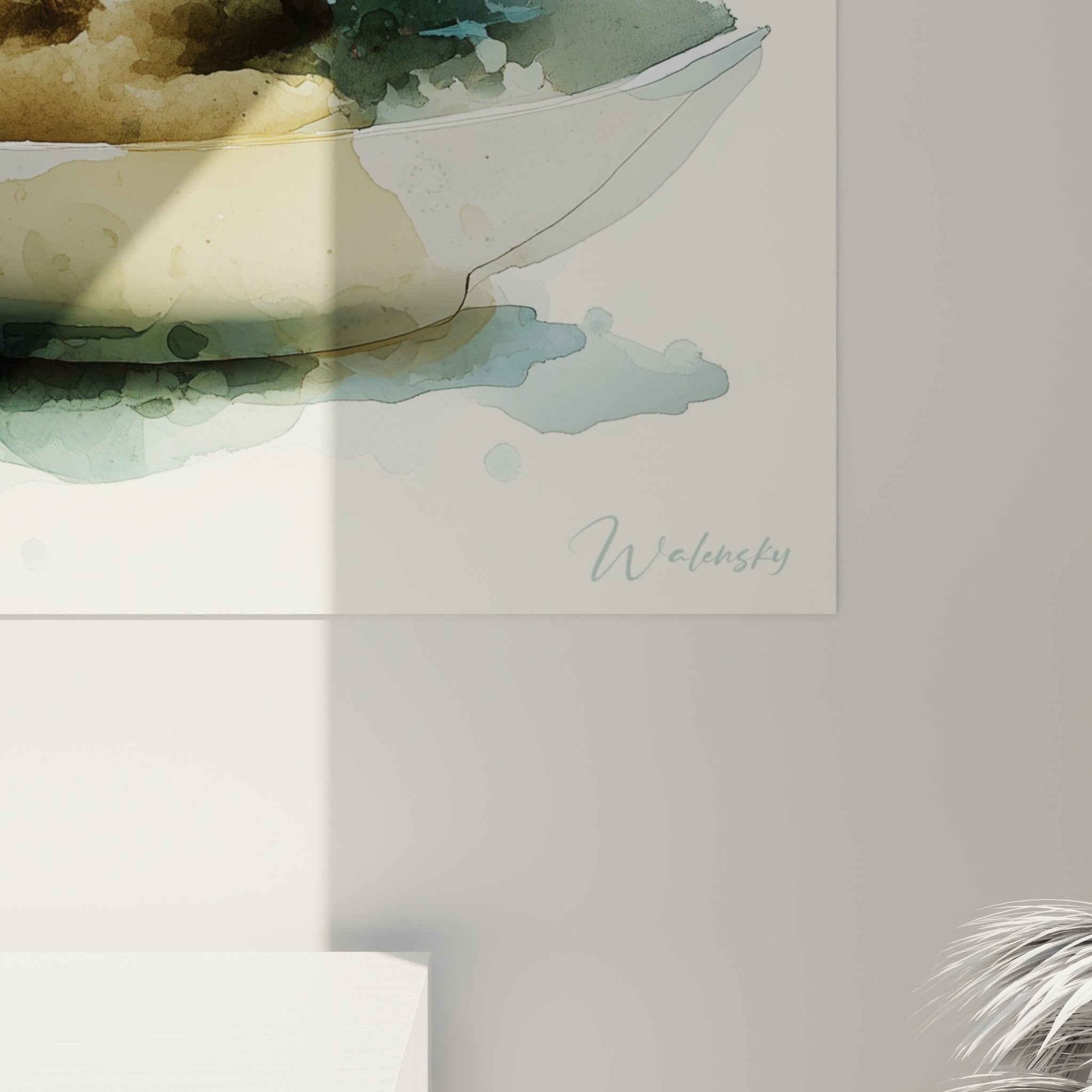 Vue ensemble composition ikebana eucalyptus aquarelle, tons verts beiges, ambiance meditation zen japonaise