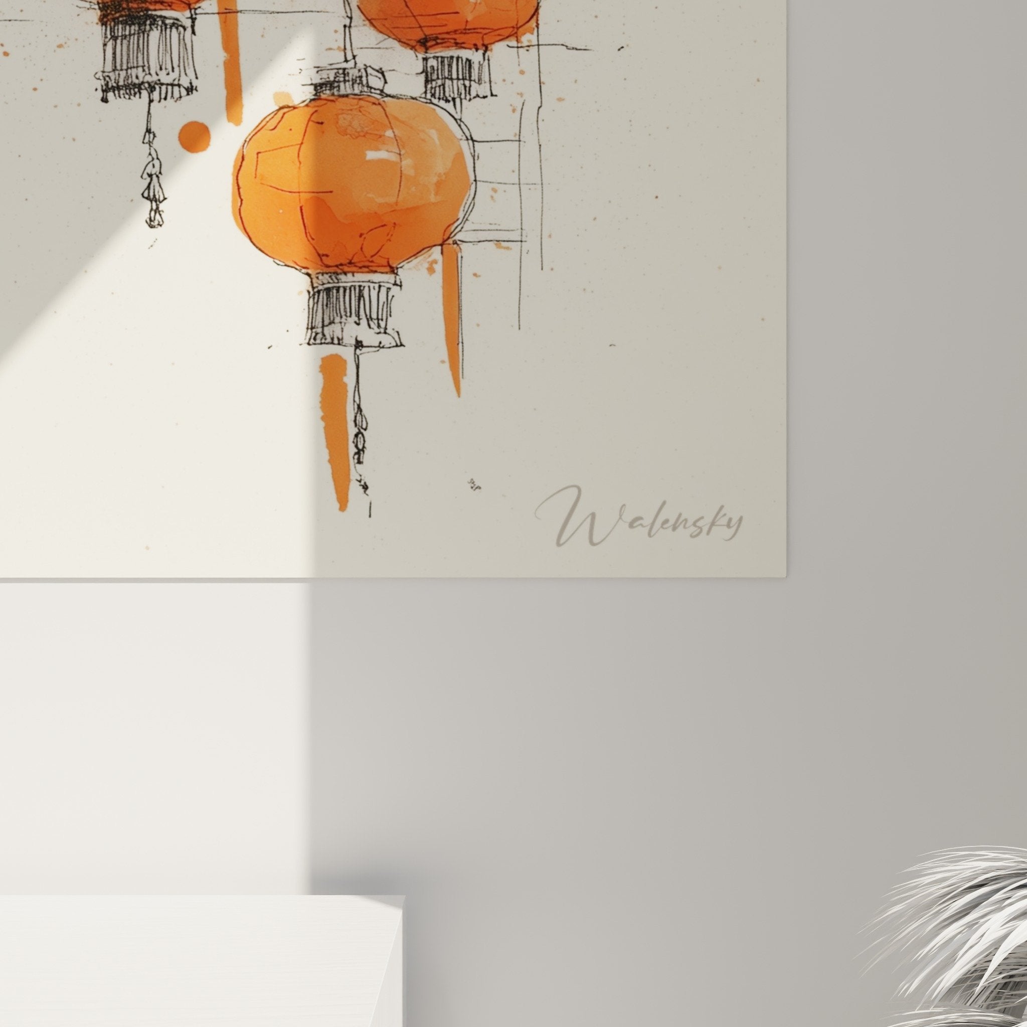 Full view red lanterns artwork vertical composition splashes cream background