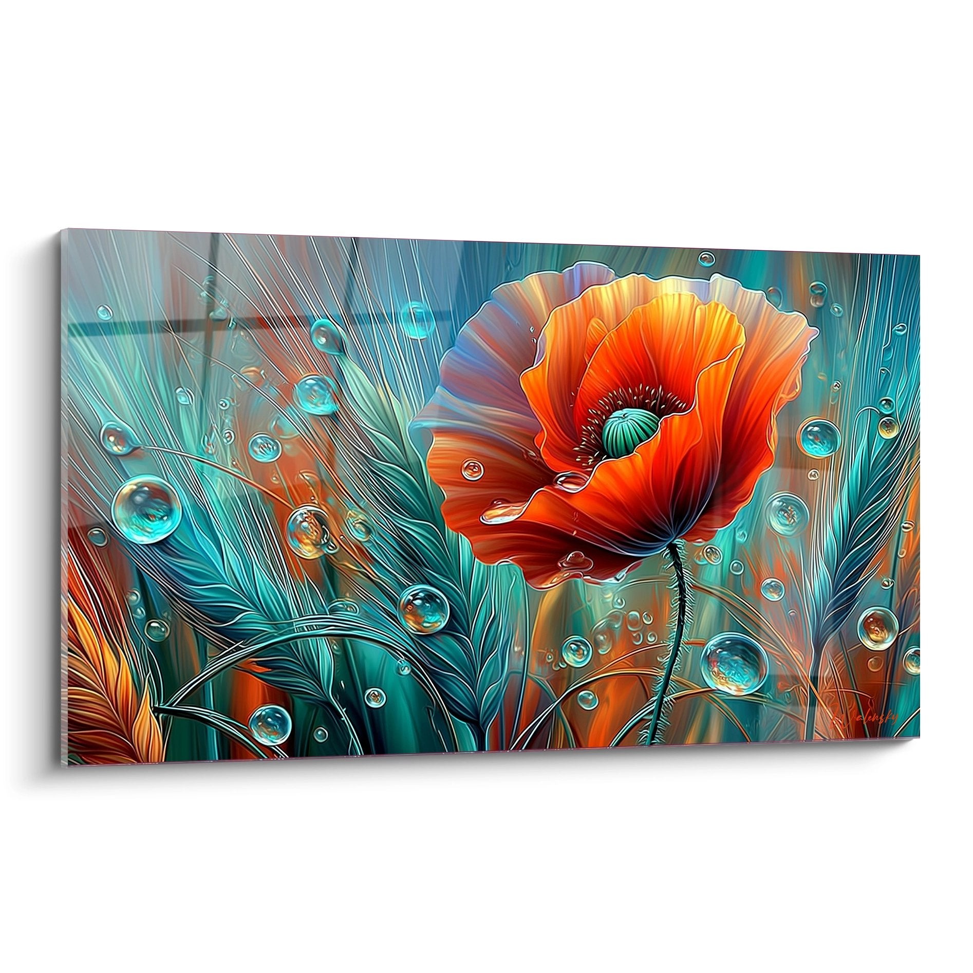 Quadro papavero rosso vibrante con bolle d'acqua e fogliame turchese su sfondo acquatico