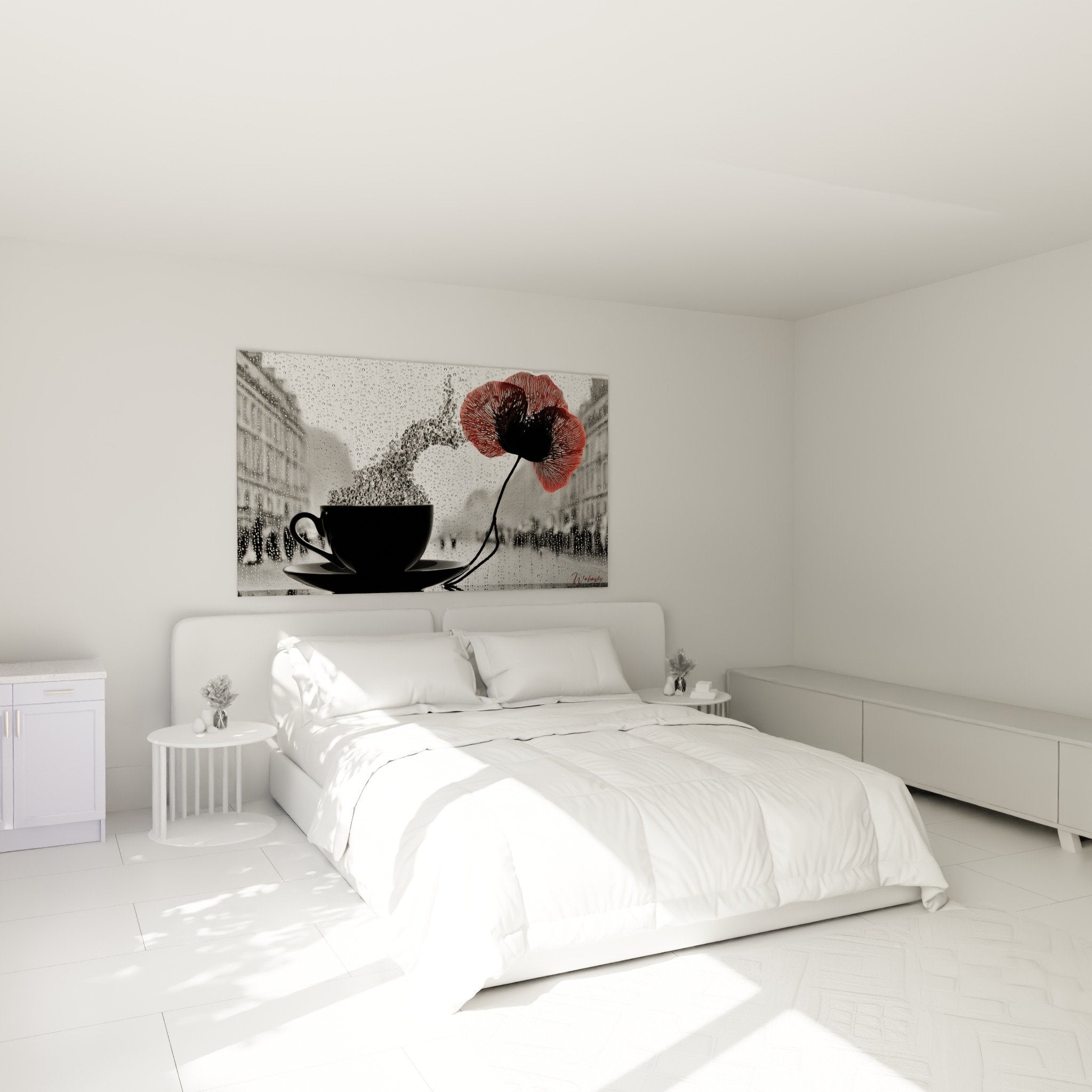 Mohnblumen-Gemälde dampfende Tasse Schlafzimmer Wanddeko Gemütlichkeit Rot Bordeaux Schwarz