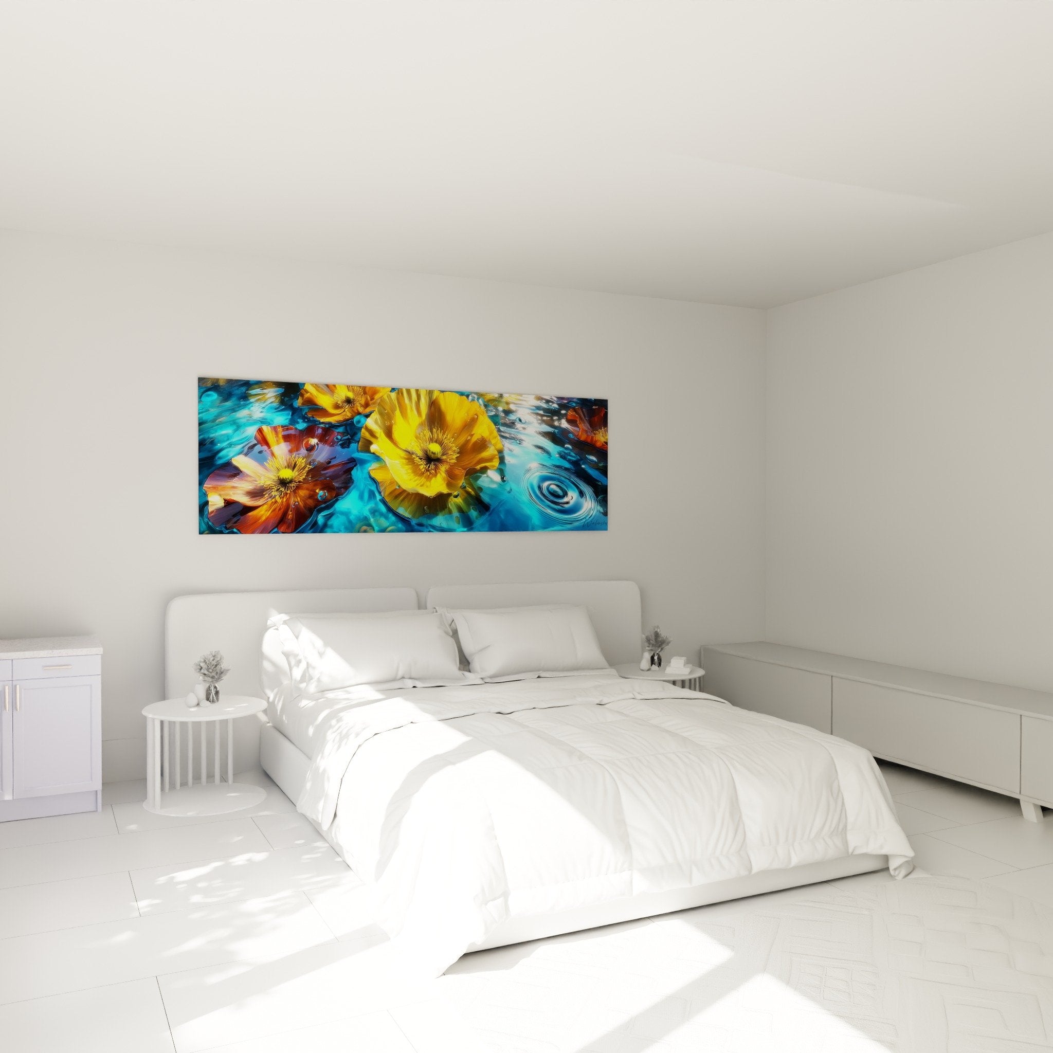 Panoramic golden poppies wall art on blue water in modern bedroom with contemporary white furniture