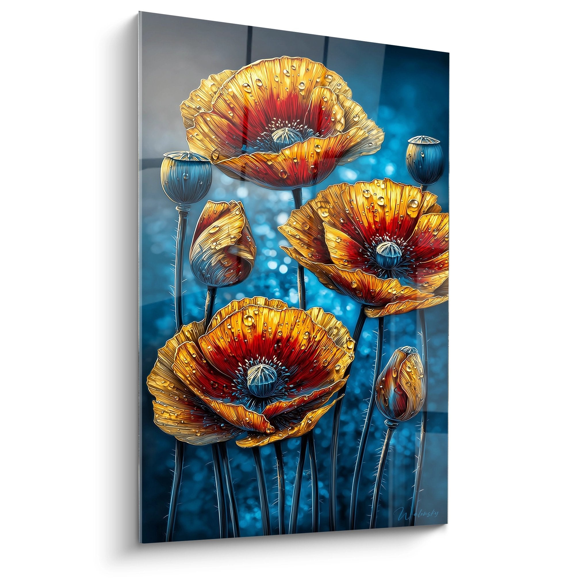 Tableau coquelicots dores avec gouttes de rosee sur petales oranges et rouges fond bleu azur