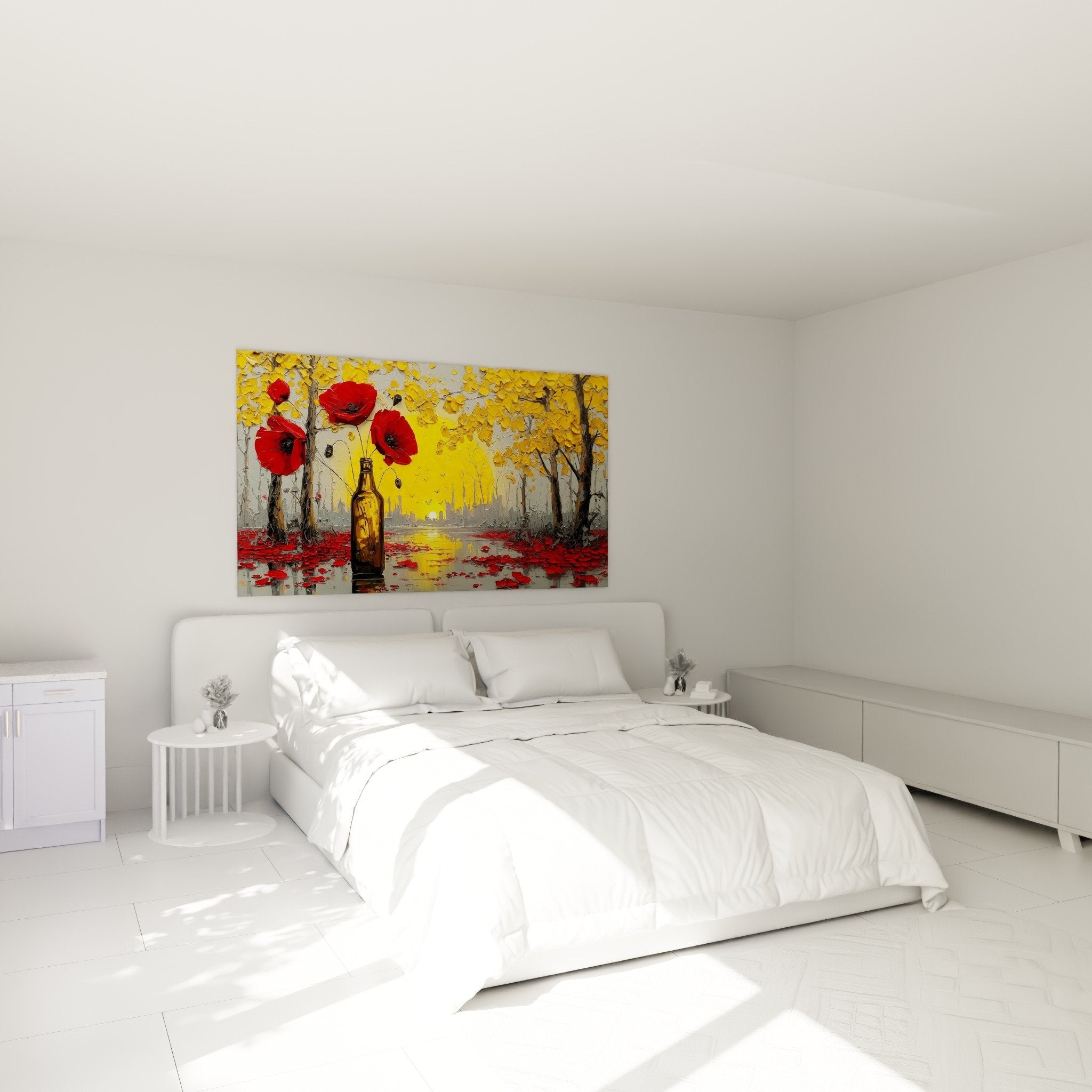 Tableau coquelicots rouges ambiance automnale chambre decoration murale tons dores rouge vermillon