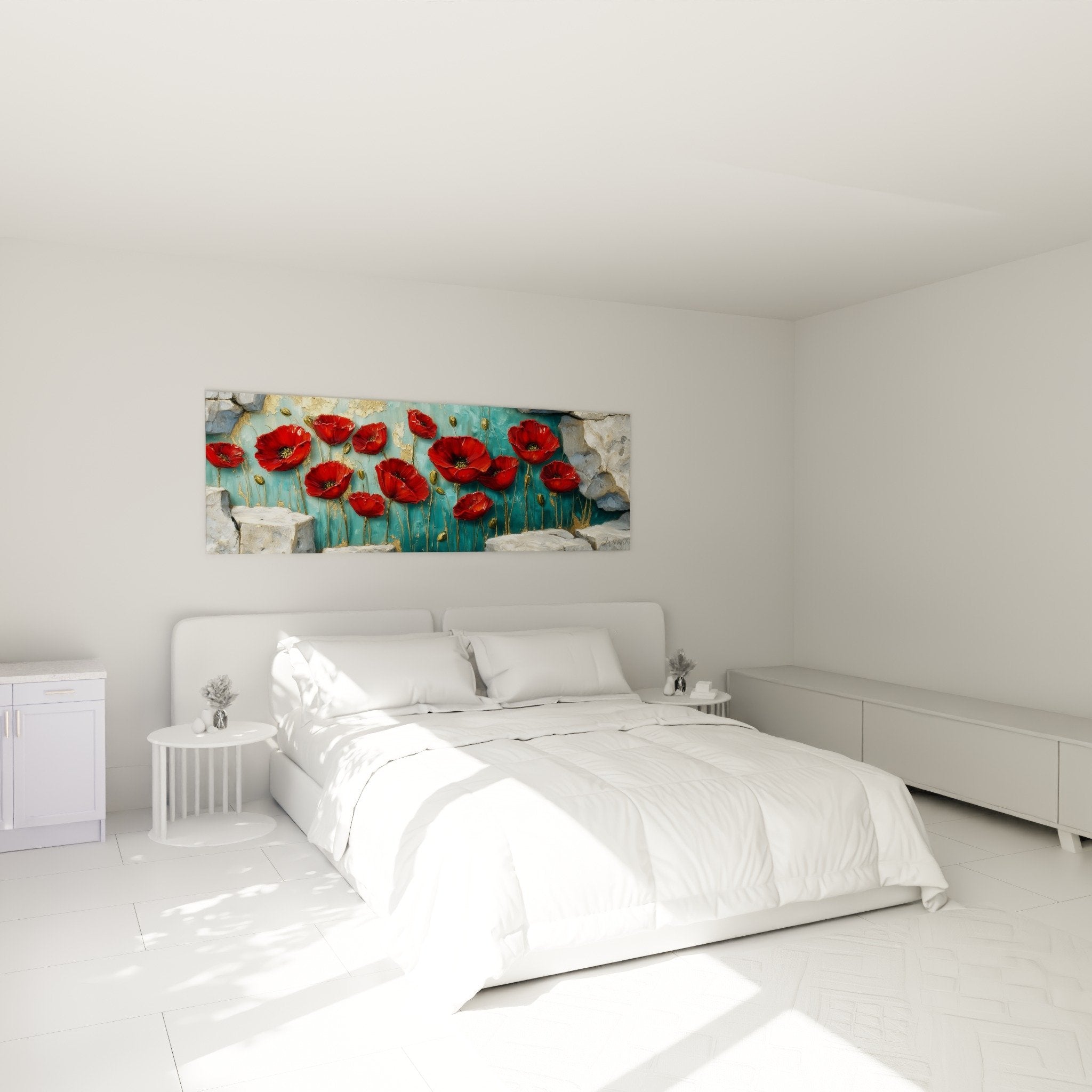 Tableau coquelicots rouges turquoise accroche au mur chambre moderne decoration florale