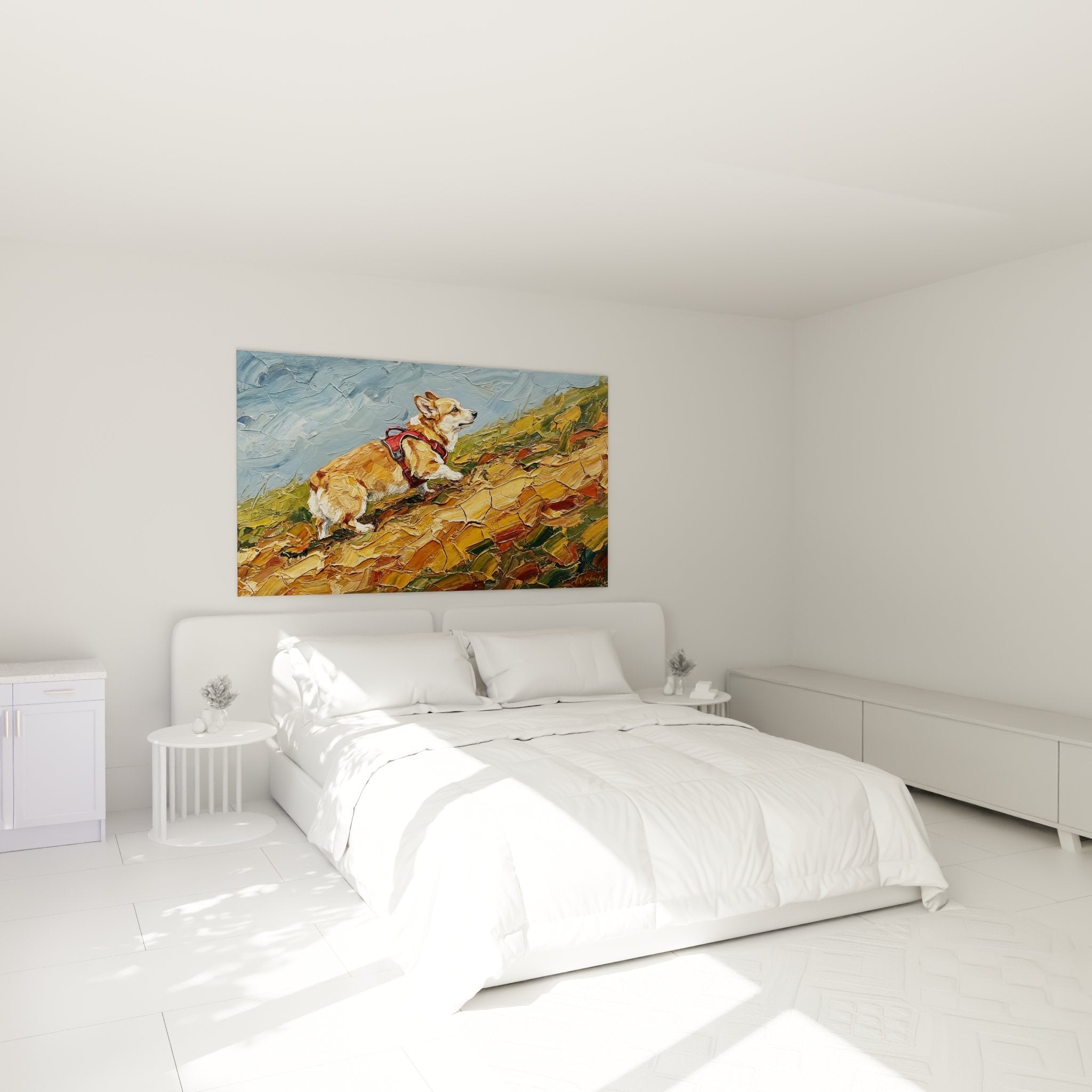 Abenteurer-Corgi-Pembroke Leinwandbild Schlafzimmer Wanddekoration Hund Berg Felsen