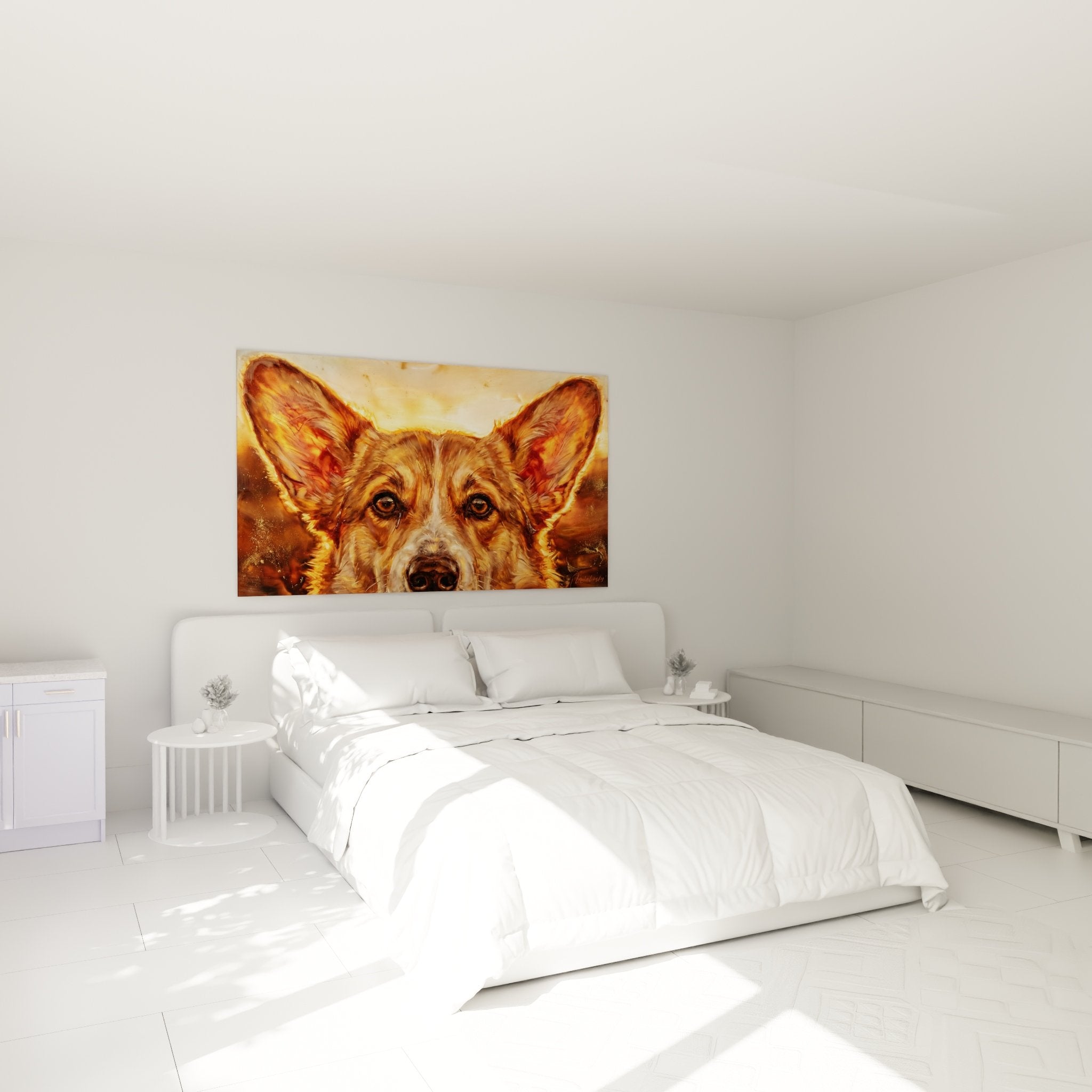 Goldener Corgi-Druck an der Wand in einem modernen Schlafzimmer mit warmer Dekoration