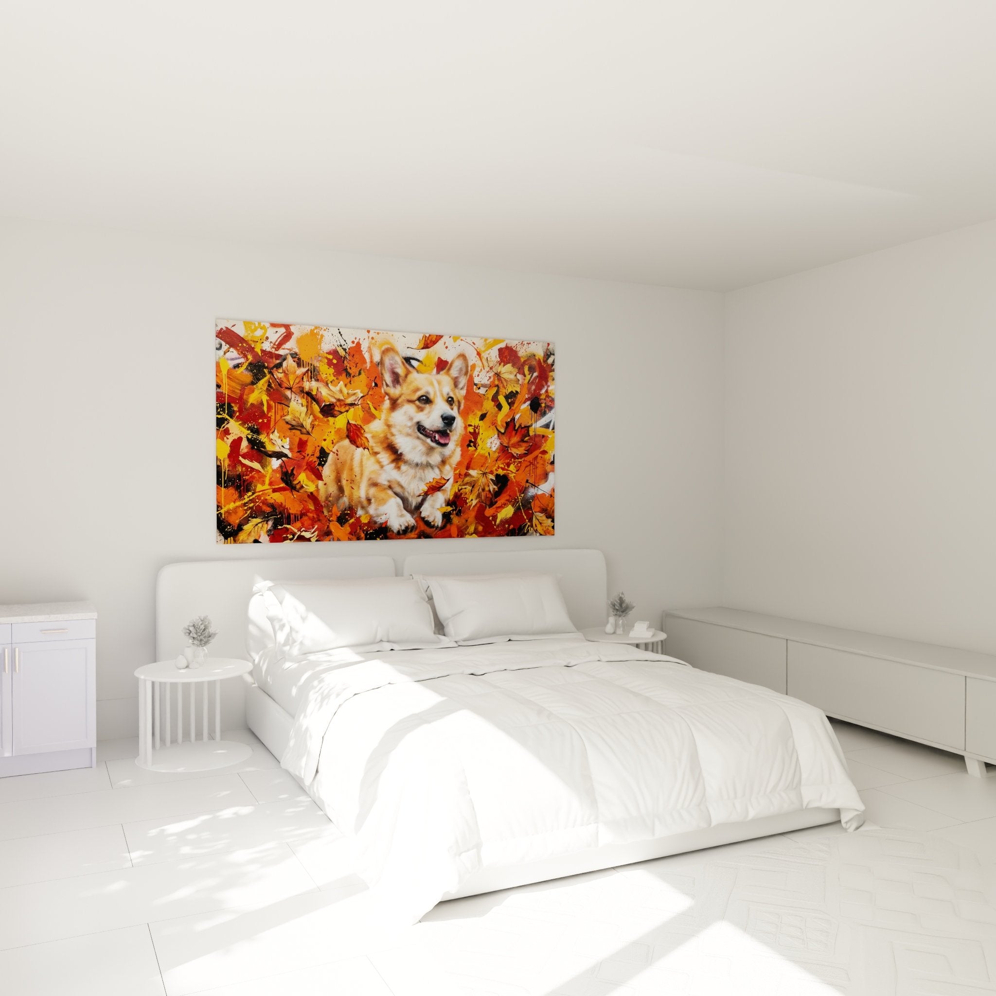 Corgi Pembroke Wandbild Schlafzimmer Herbstambiance warme Farben Orange Rot Wanddekoration