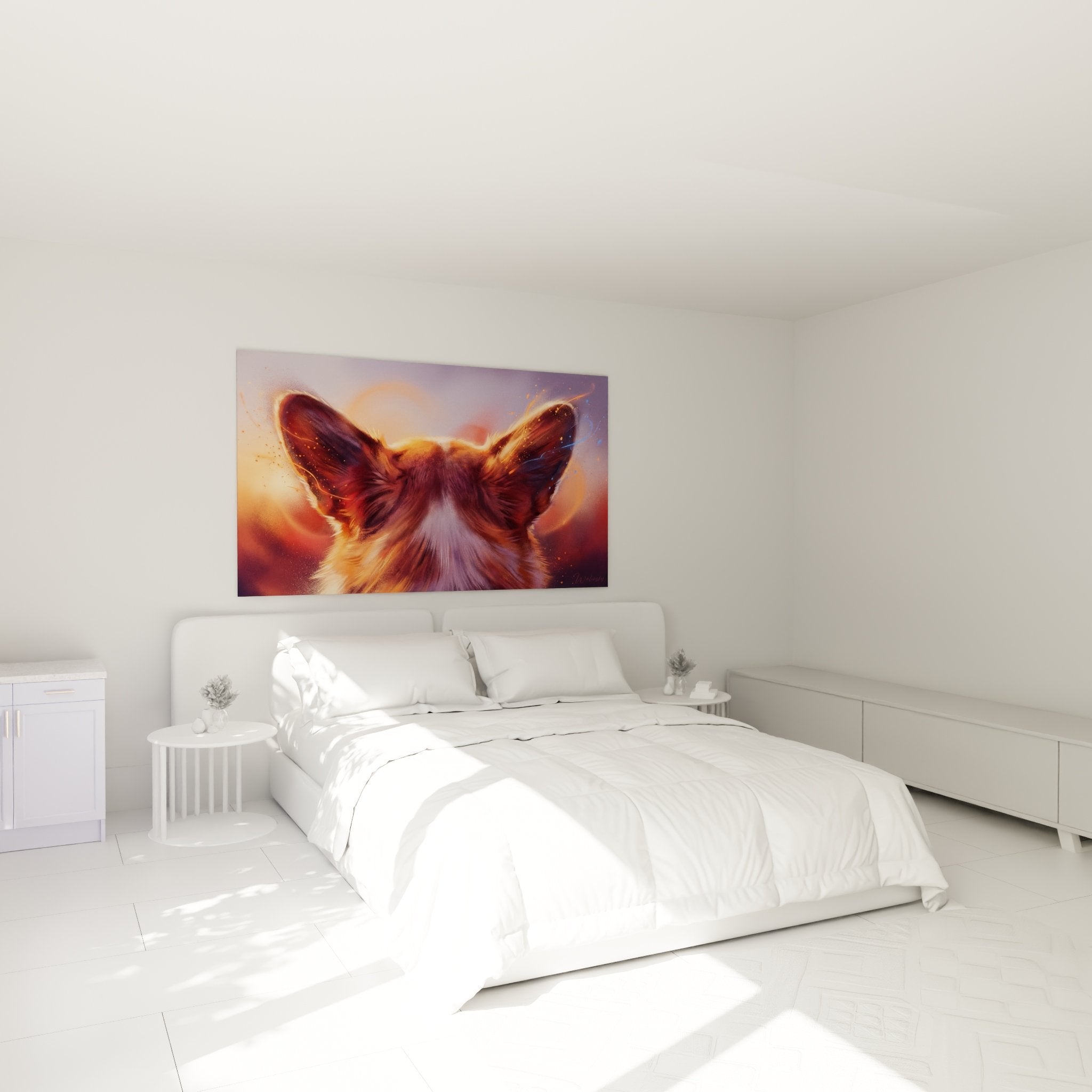 Mystisches Corgi-Gemälde in Gold- und Violetttönen installiert in modernem Schlafzimmer mit hellen Wänden