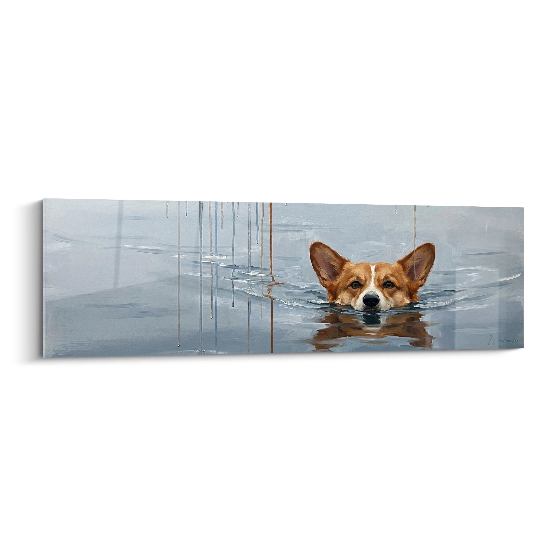 Tableau Corgi Pembroke nageant dans eau bleue calme avec reflets, pelage fauve et blanc, expression confiante