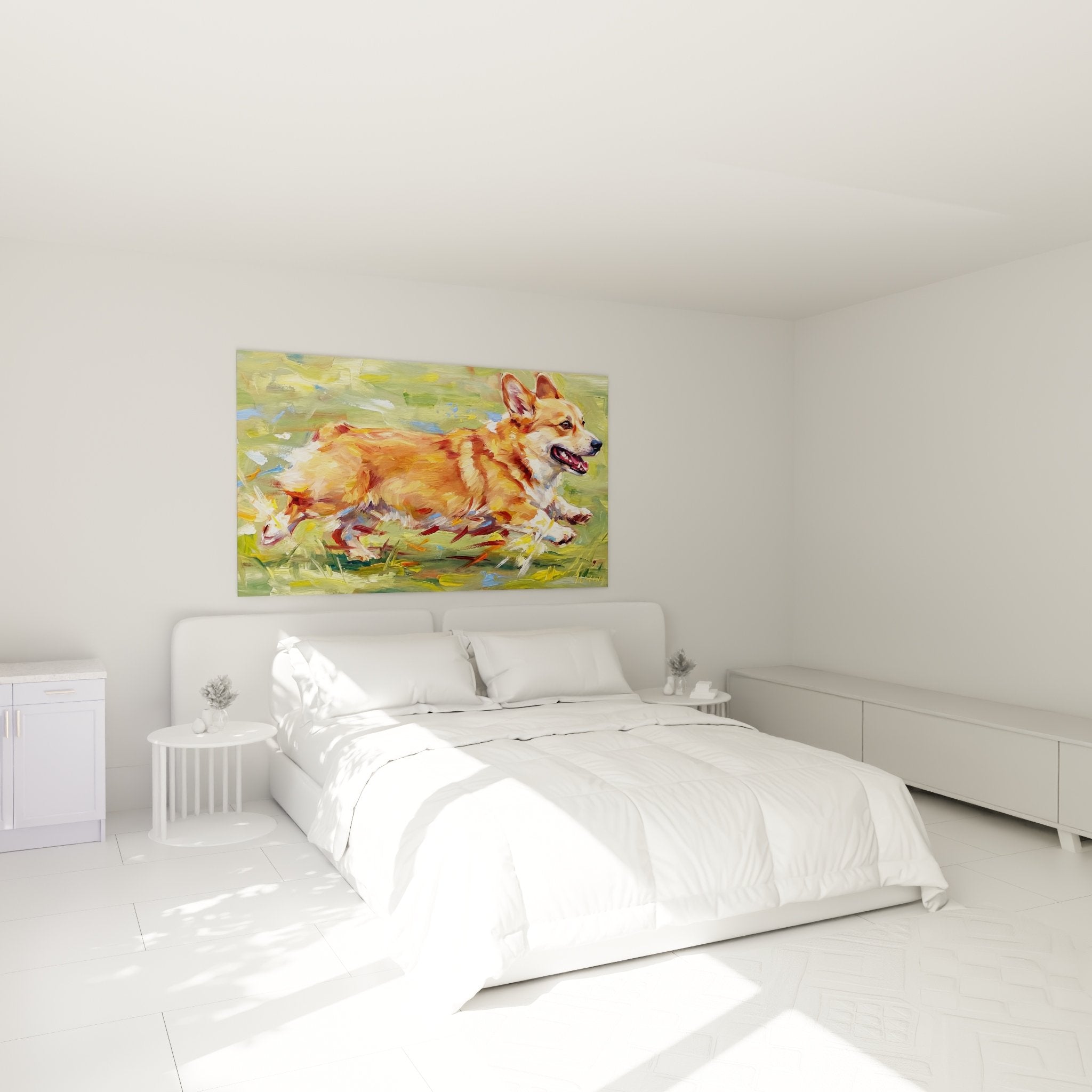 Corgi-Gemälde in Bewegung in modernem Schlafzimmer, Tiermalerei in warmen orangefarbenen und grünen Tönen
