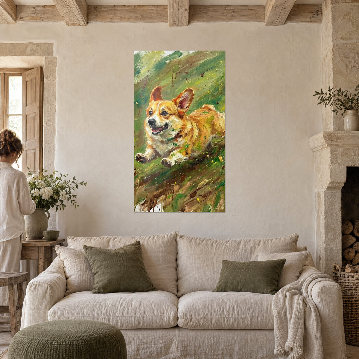 Πίνακας ξανθό corgi που πηδά στο γρασίδι, πορτοκαλί και κρεμ τρίχωμα, έντονο πράσινο φόντο, πάνω από καναπέ σε φωτεινό σαλόνι