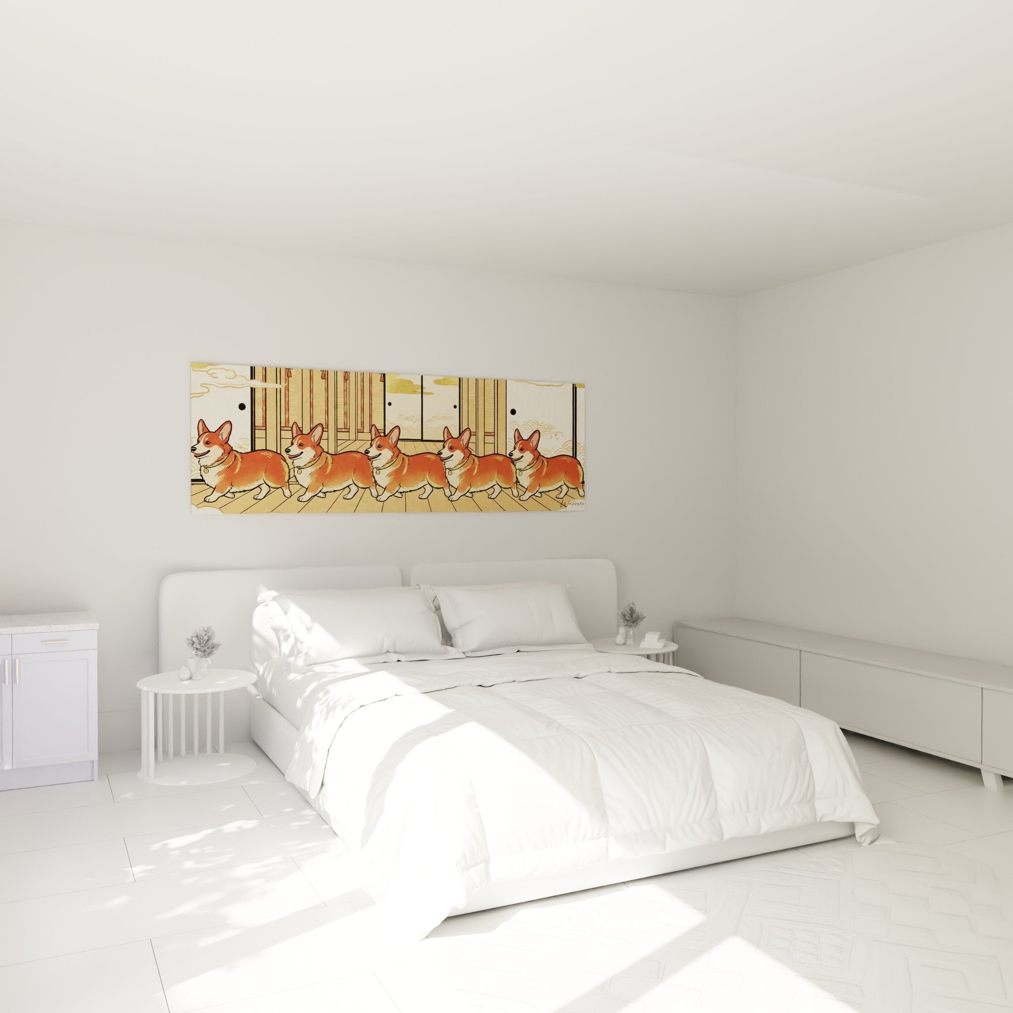 Tableau Corgis japonais dans chambre moderne aux murs clairs avec mobilier bois naturel ambiance zen apaisante