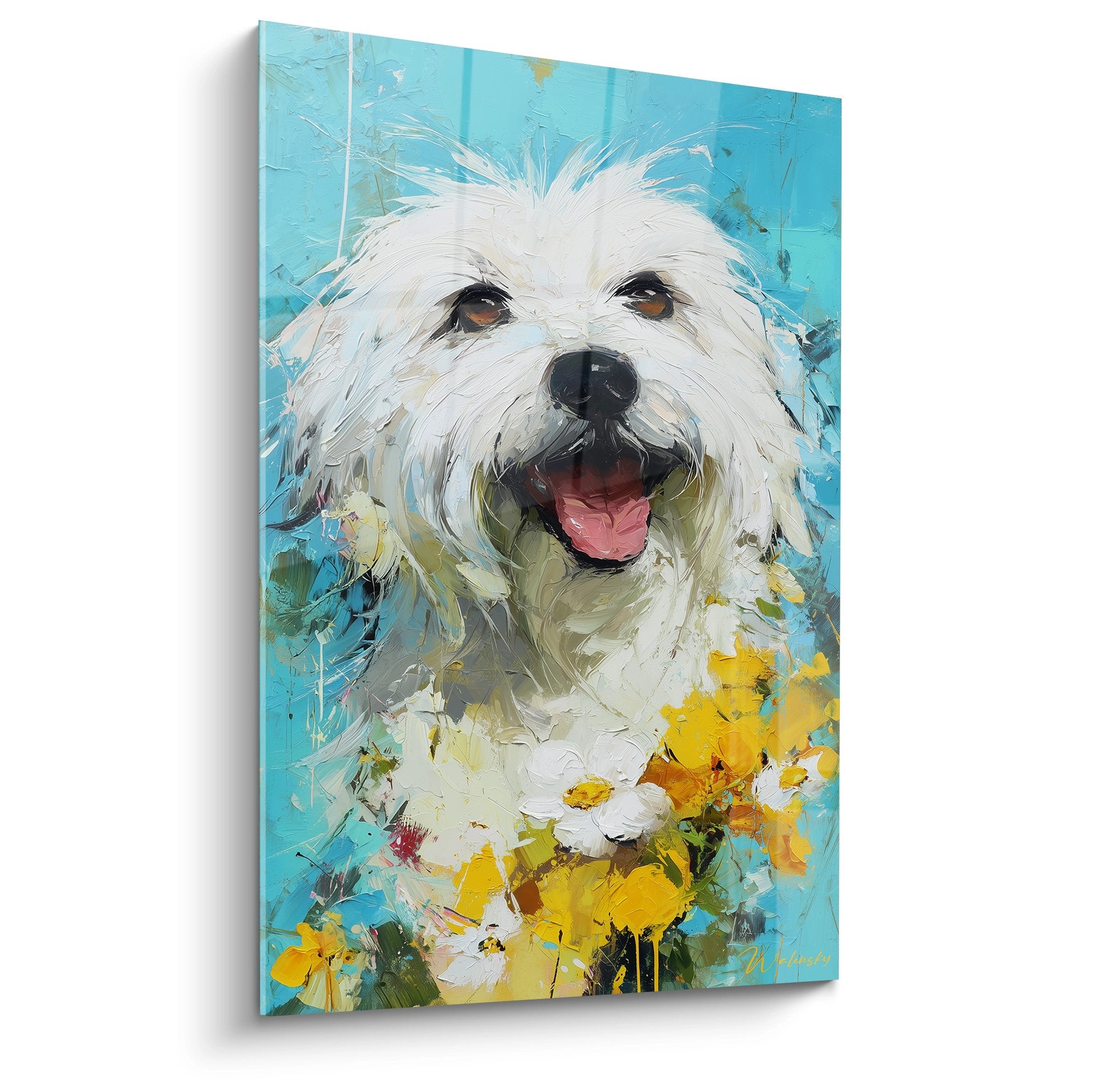 Peinture moderne d'un Coton de Tuléar blanc aux yeux bruns sur fond turquoise avec fleurs jaunes dorées