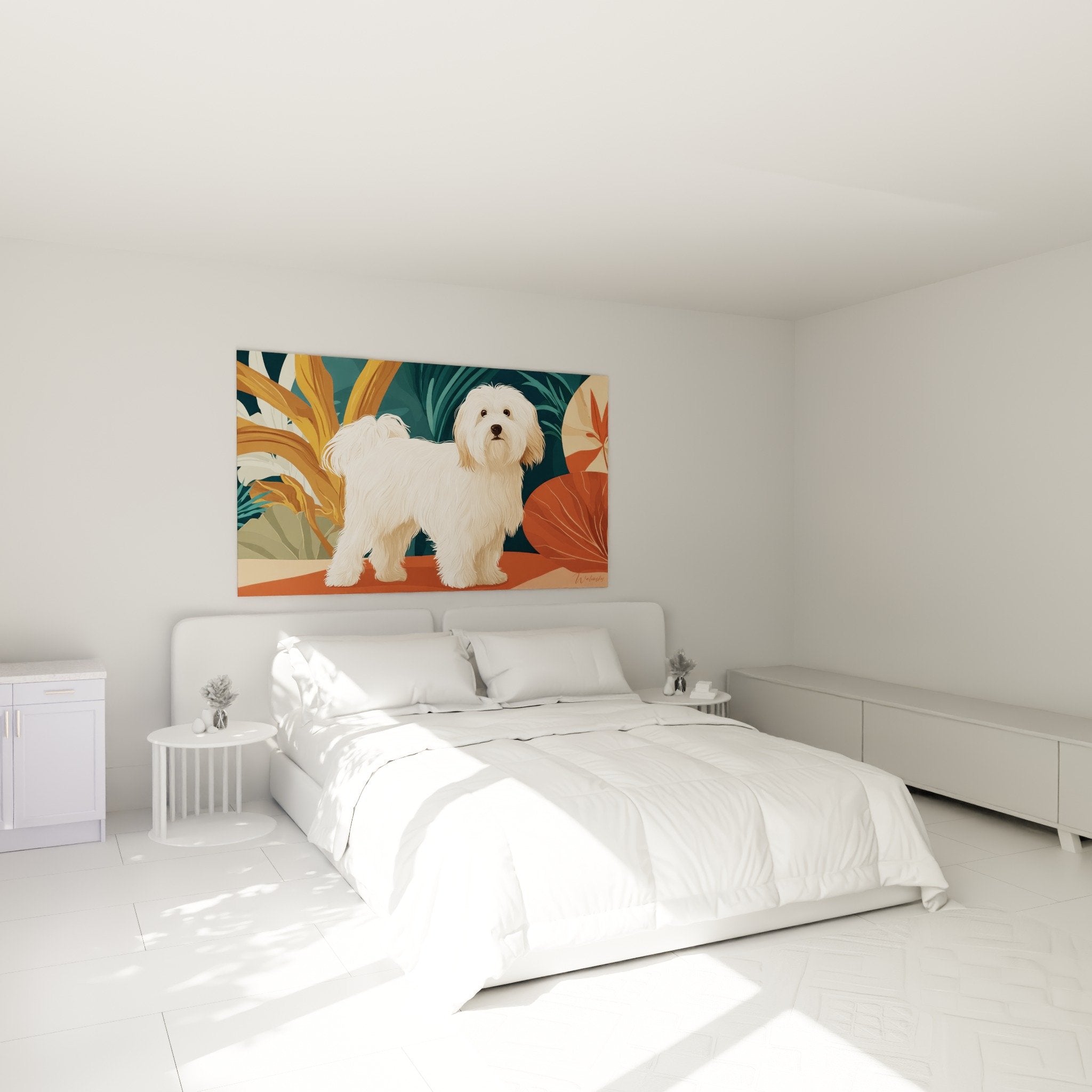Tuléar-Baumwollgemälde tropisch aufgehängt im Schlafzimmer mit natürlicher und beruhigender Atmosphäre