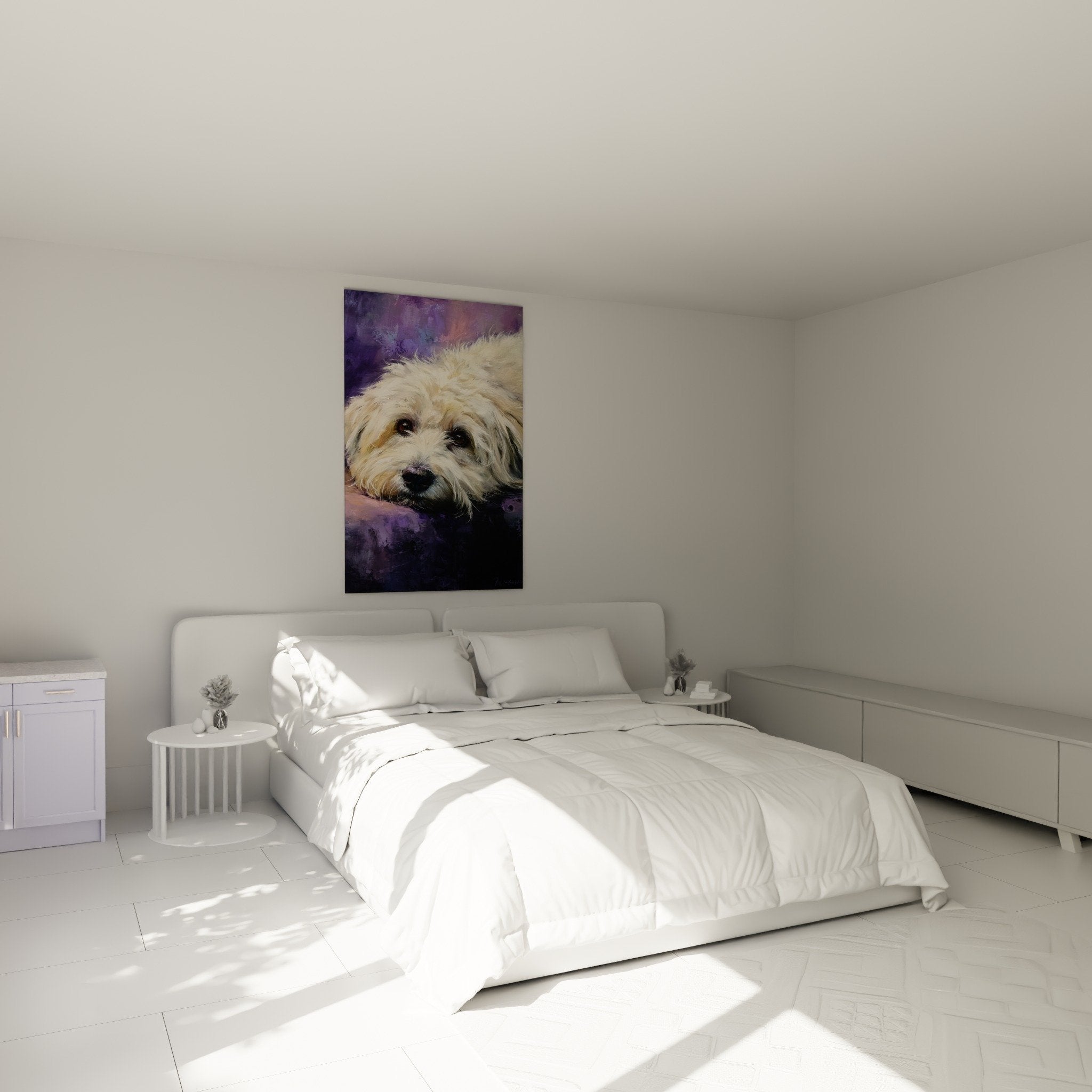 Tableau Coton de Tulear tons violets dans chambre moderne decoration murale art canin contemporain