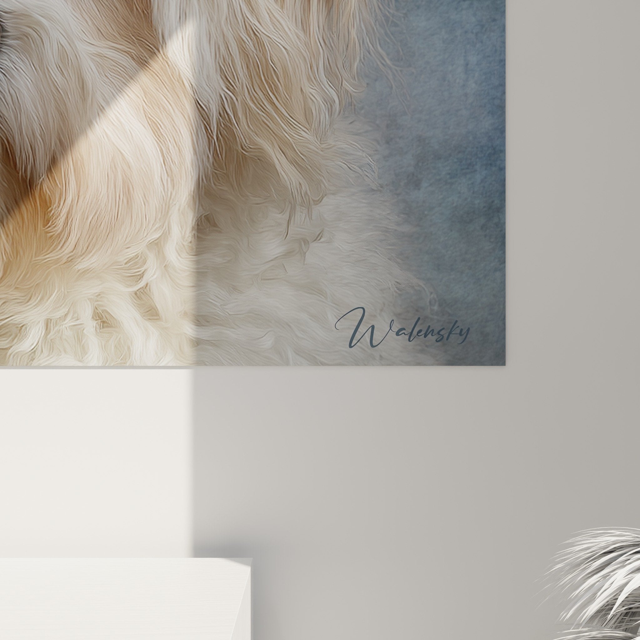 Vue ensemble tableau Coton de Tulear portrait chien blanc fond bleu decoration interieur moderne