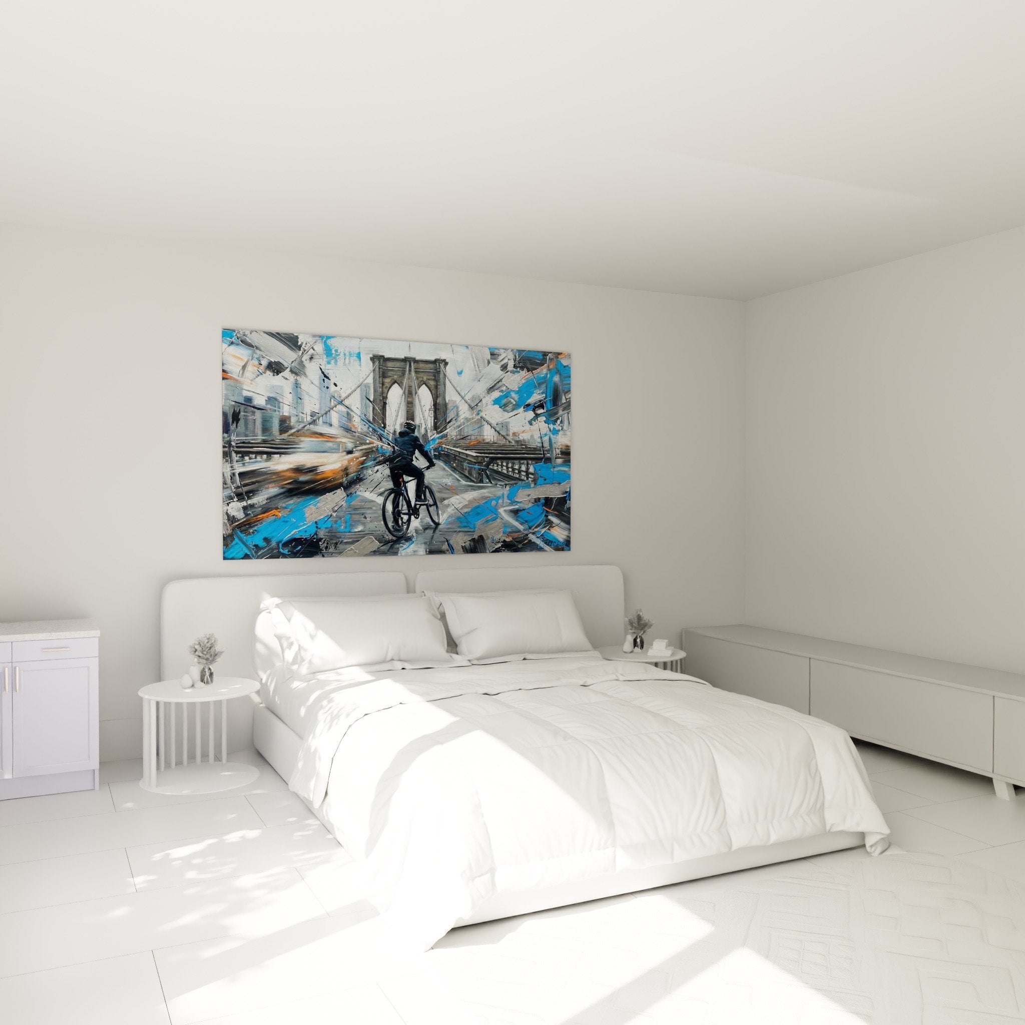 Abstrakter Radfahrer Brooklynbrücke im modernen Schlafzimmer, zeitgenössische Wandkunst Dekoration blaugrau