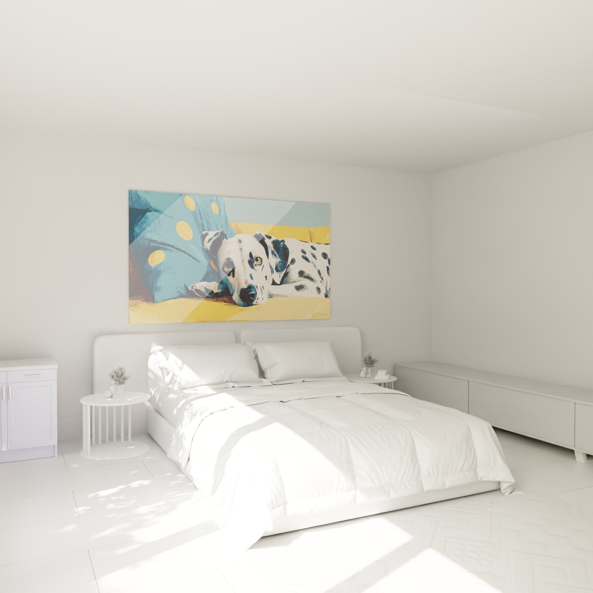 Tableau dalmatien dans chambre moderne, décoration murale apaisante aux tons bleus et dorés