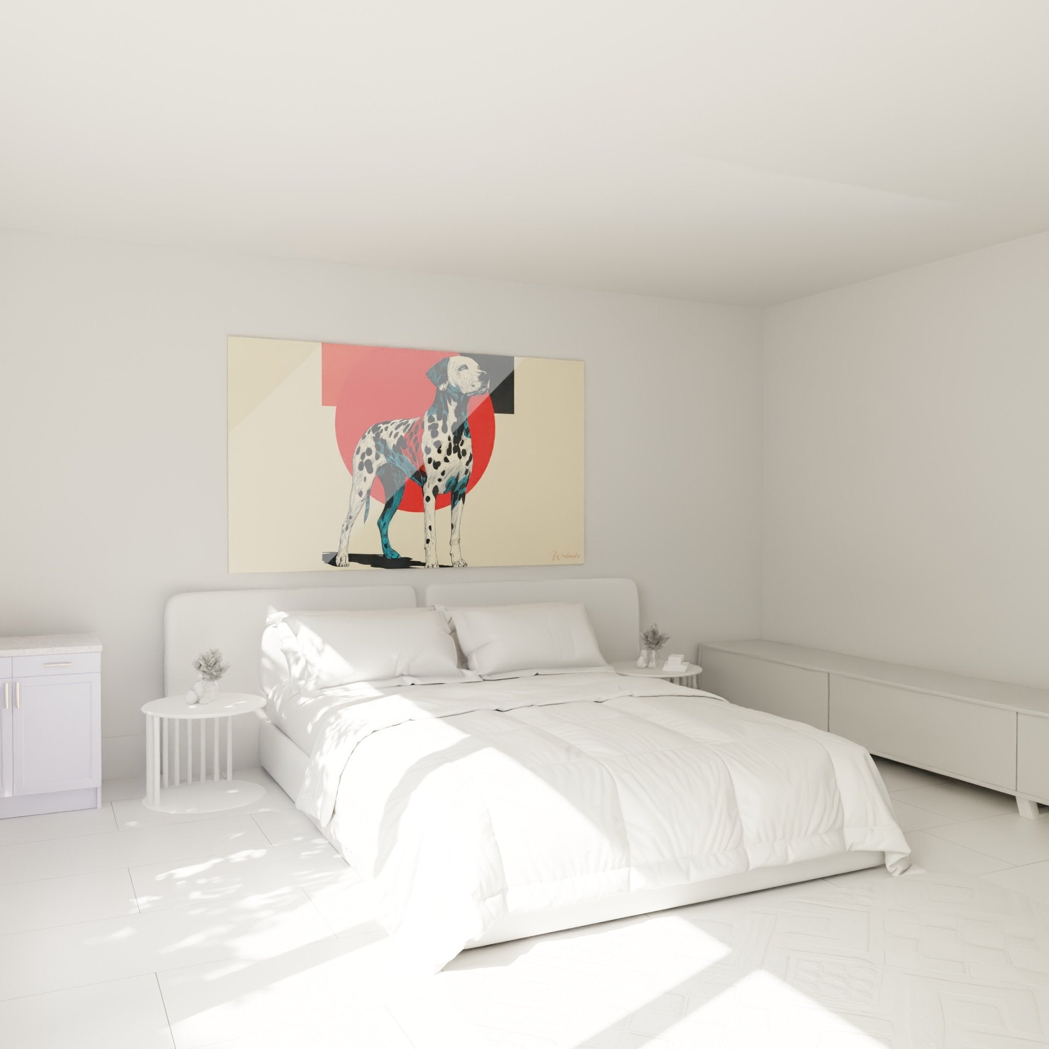 Tableau dalmatien moderne chambre mur blanc décoration contemporaine chien tacheté rouge géométrique