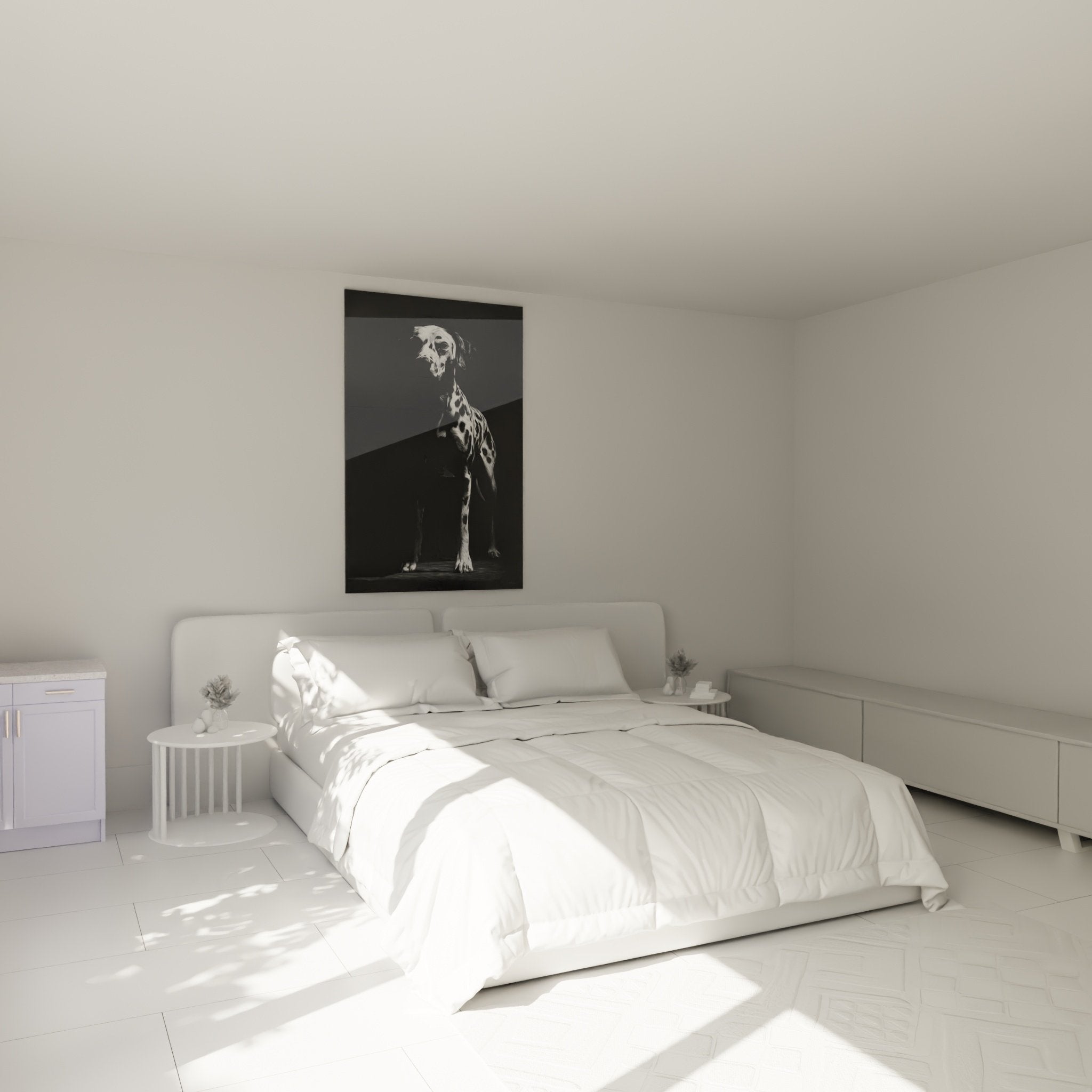 Schwarzweißes Dalmatiner-Wandbild im modernen Schlafzimmer, beruhigende Atmosphäre mit minimalistischer Dekoration
