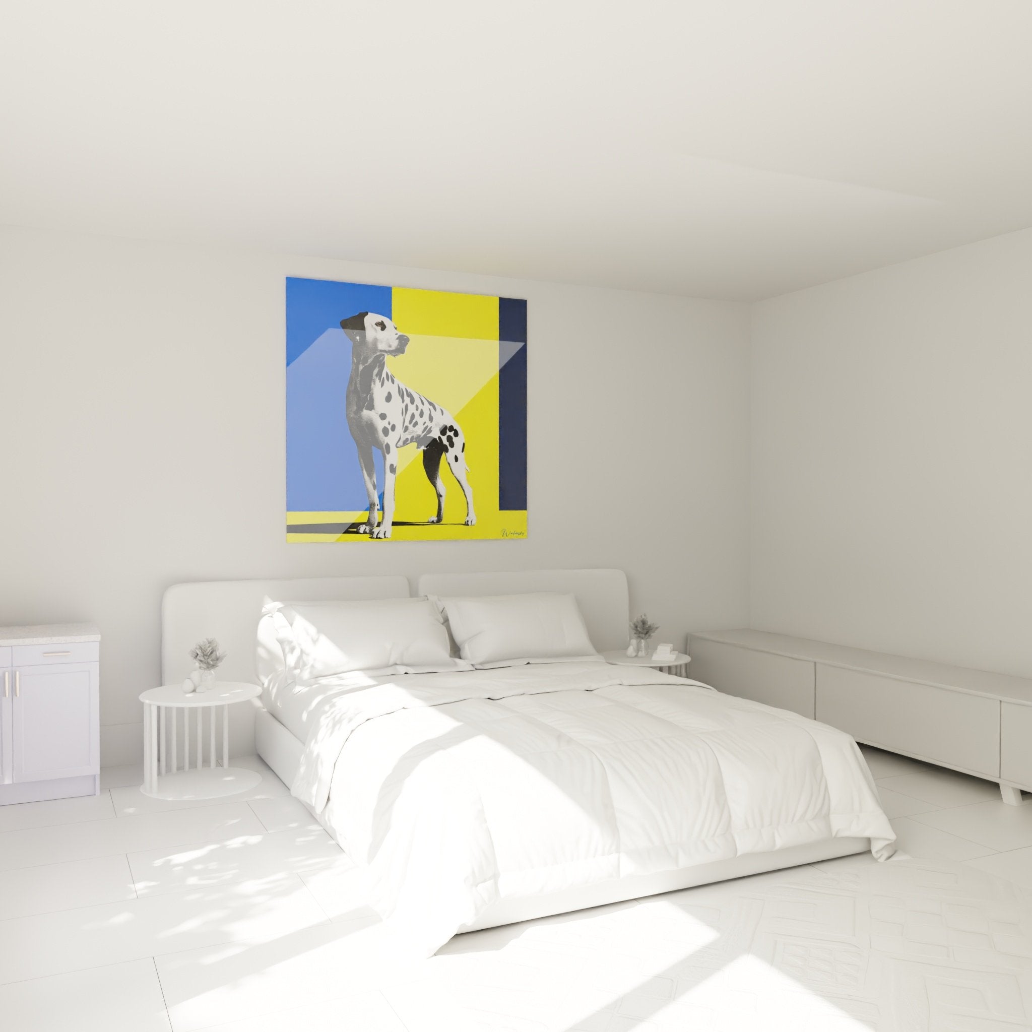 Tableau dalmatien pop art accroché dans chambre moderne, décoration murale colorée