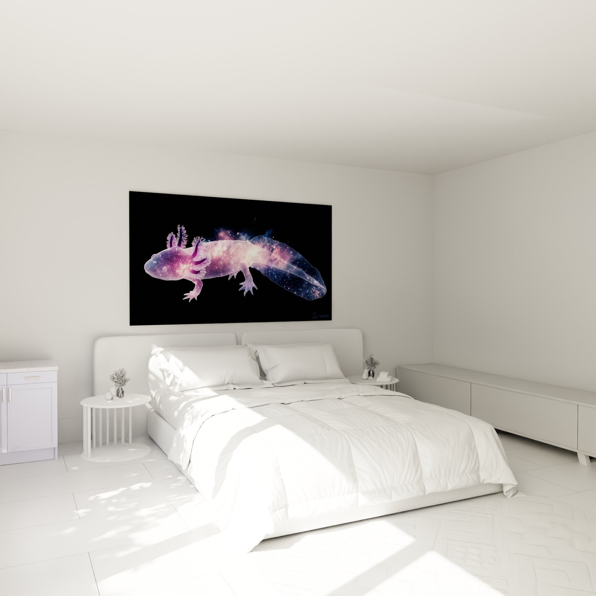 Décoration murale axolotl galactique dans chambre moderne avec étoiles roses et bleues translucides