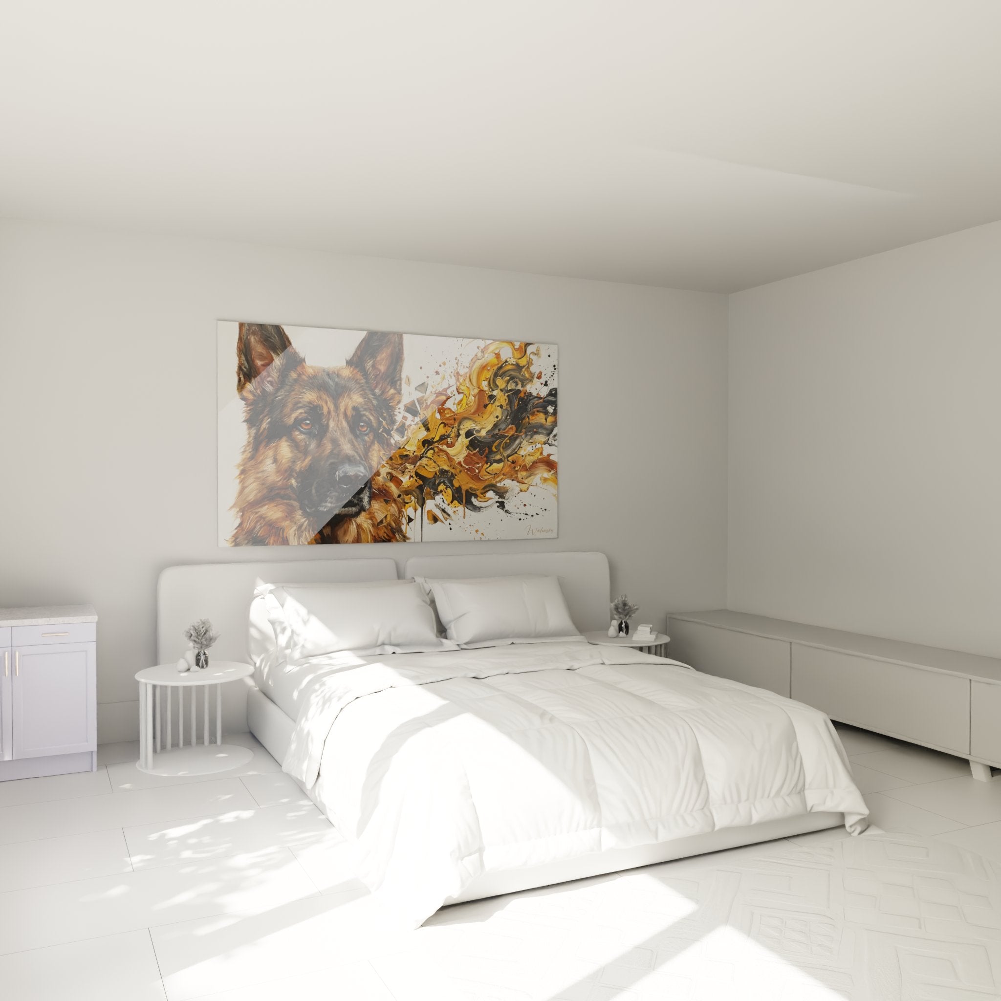 Wanddekoration Deutscher Schäferhund zeitgenössischer künstlerischer Stil in modernem Schlafzimmer