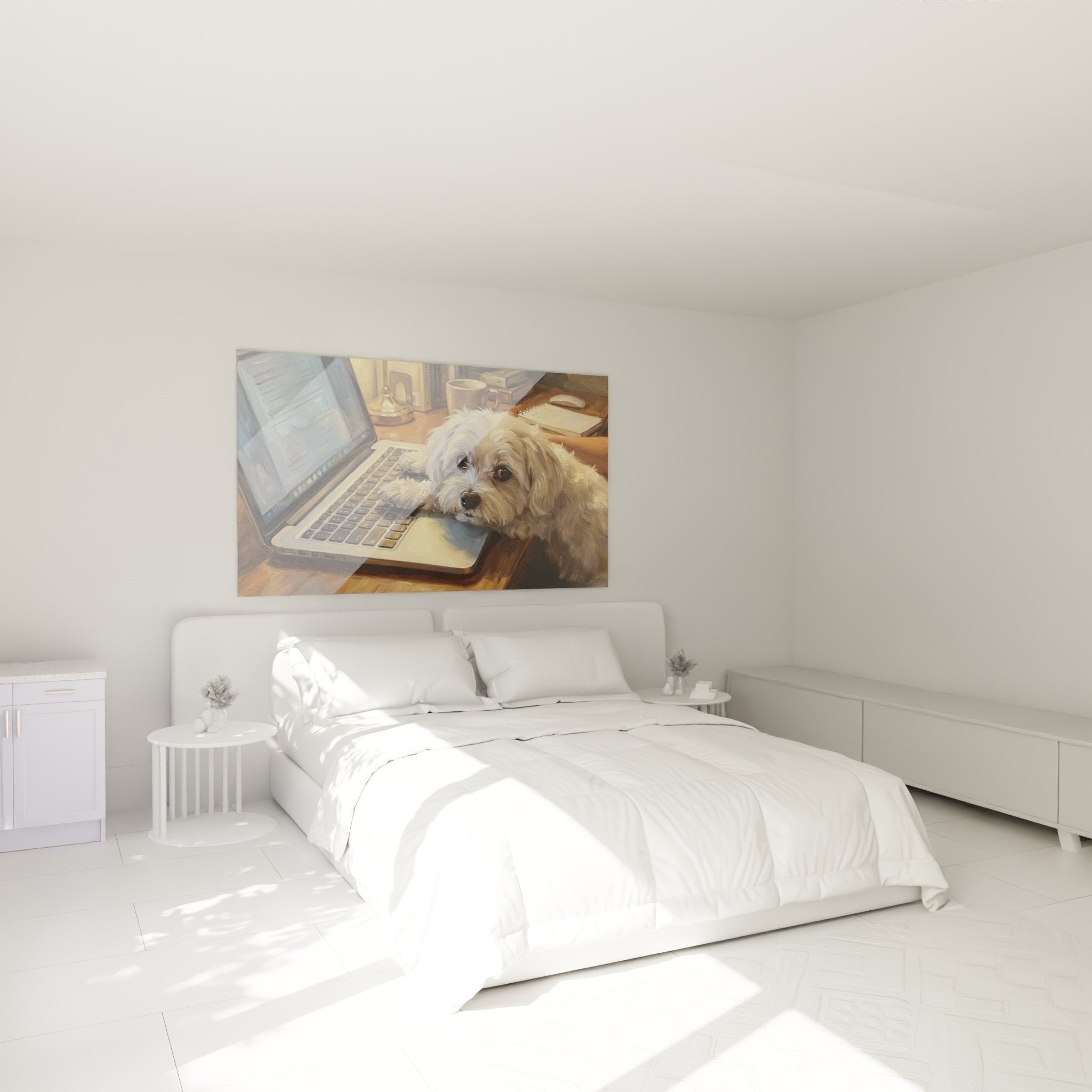 Decoration murale bichon maltais scene bureau moderne chambre ambiance chaleureuse tons ambre