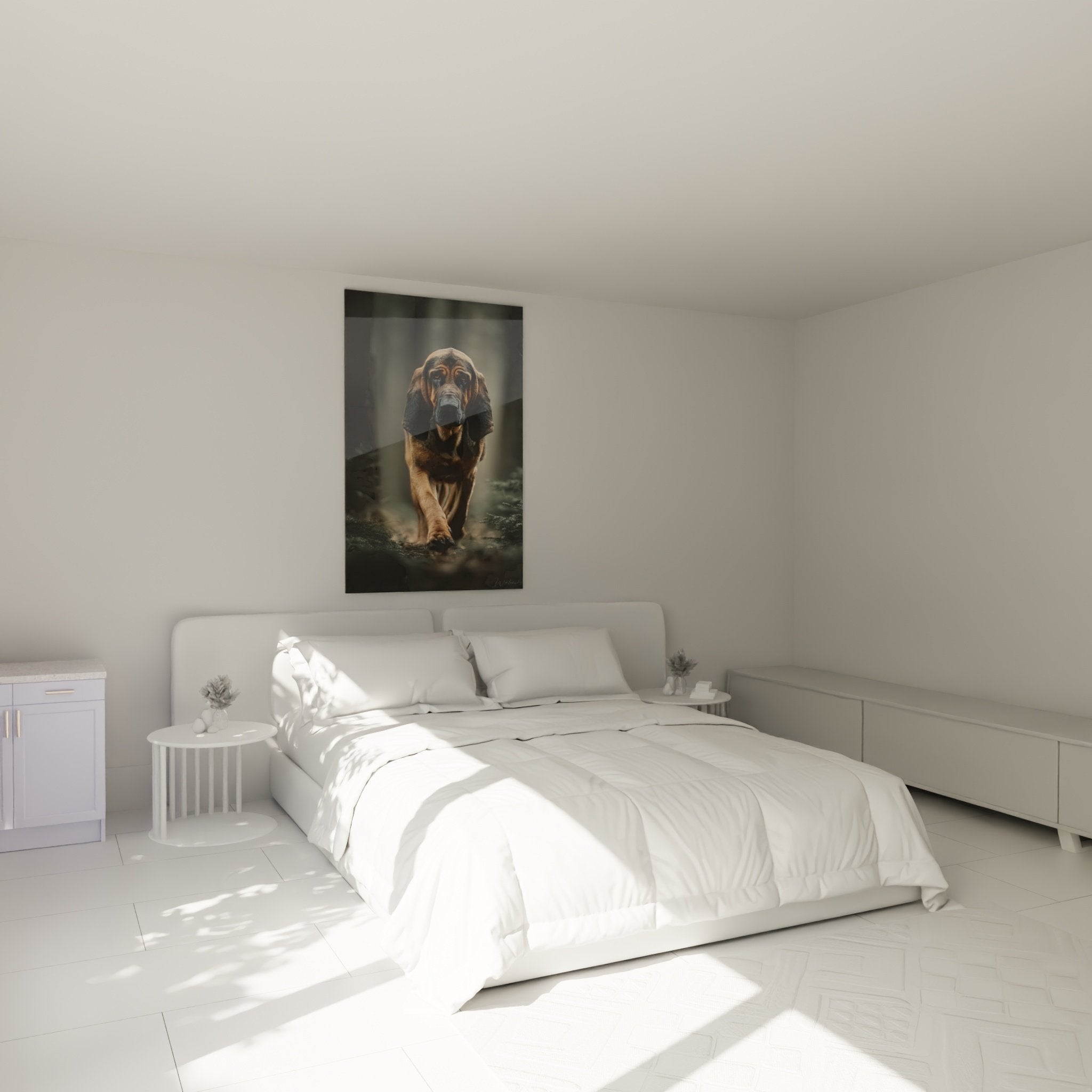 Wanddekoration Bloodhound im Schlafzimmer, elegantes Hundeporträt, warme Atmosphäre in Goldtönen
