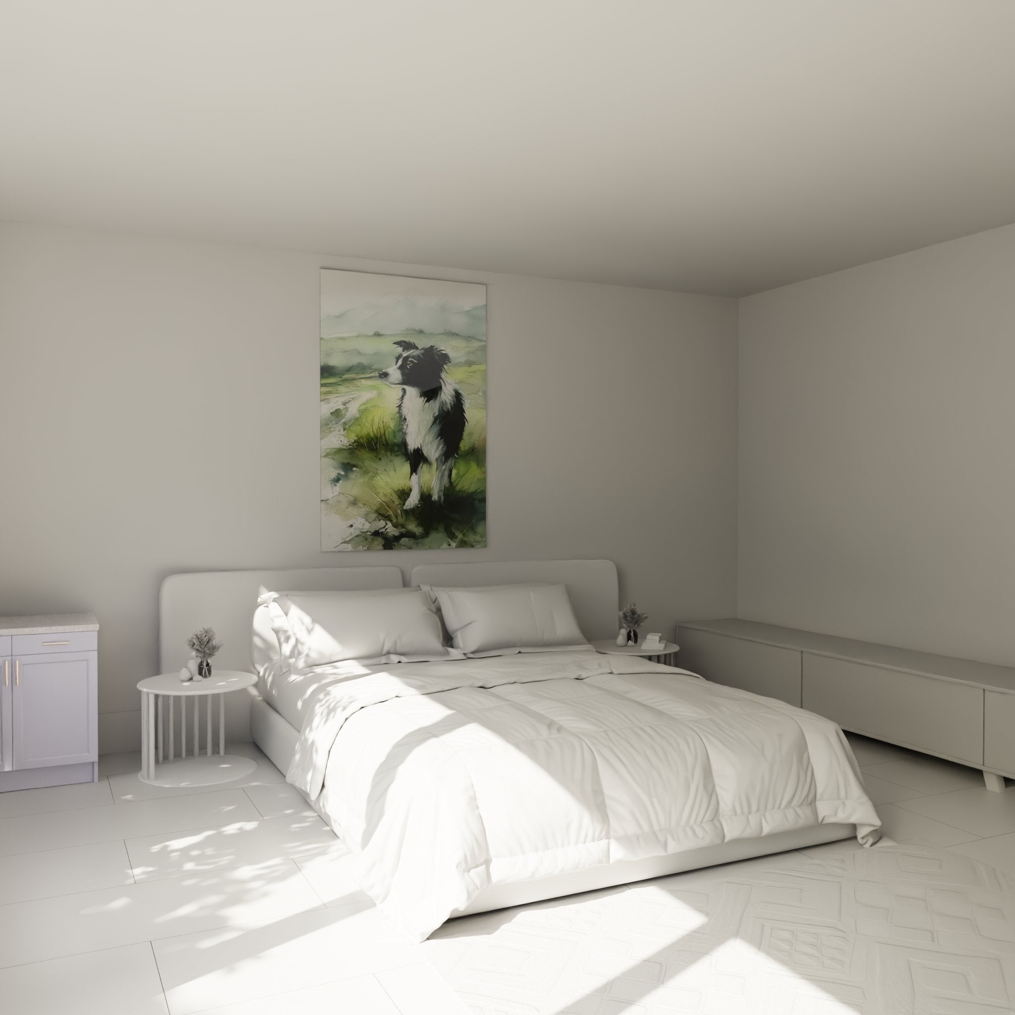 Decoration murale Border Collie aquarelle verte dans chambre moderne ambiance nature apaisante