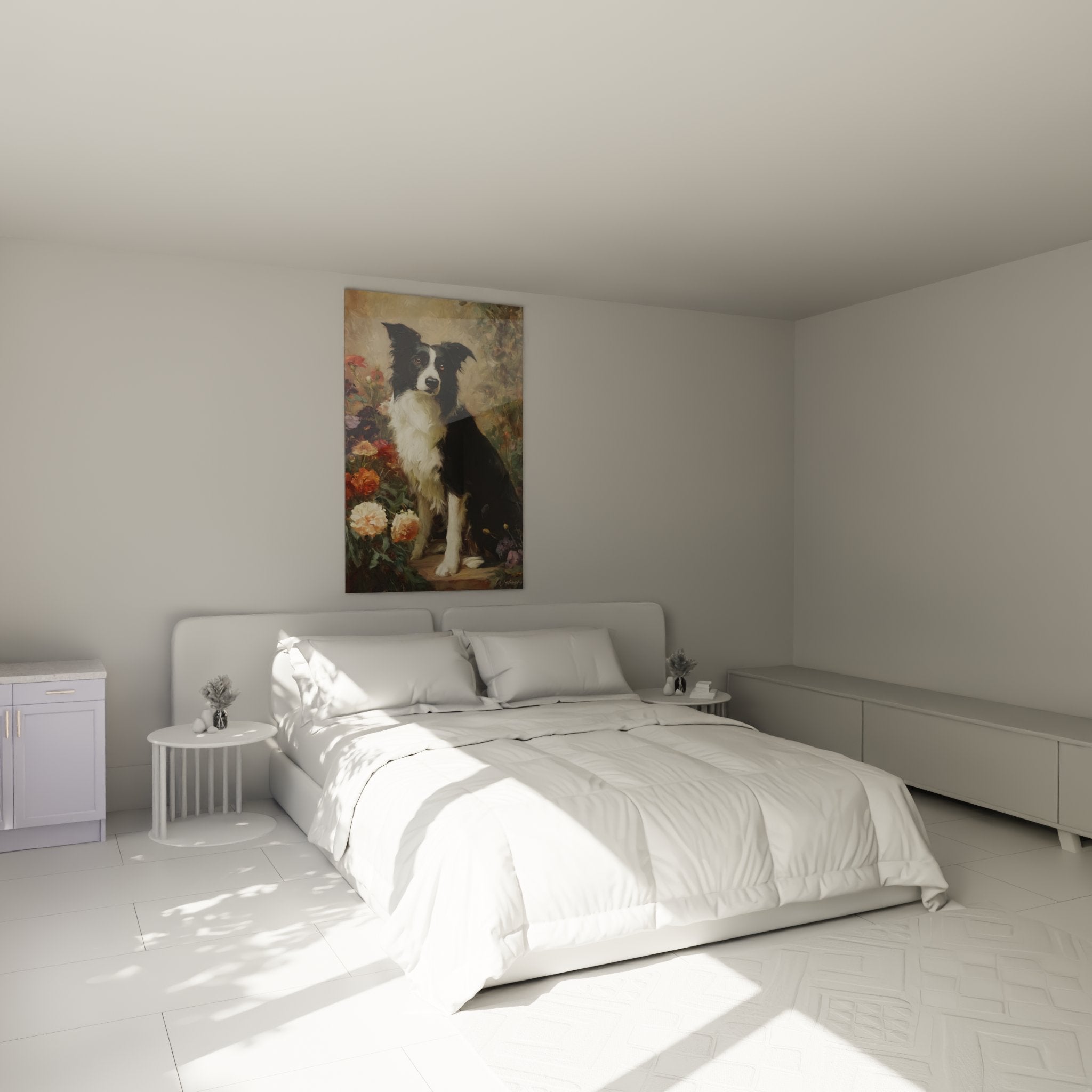 Decoration murale Border Collie dans chambre moderne avec tons chauds pêche corail ambiance cosy