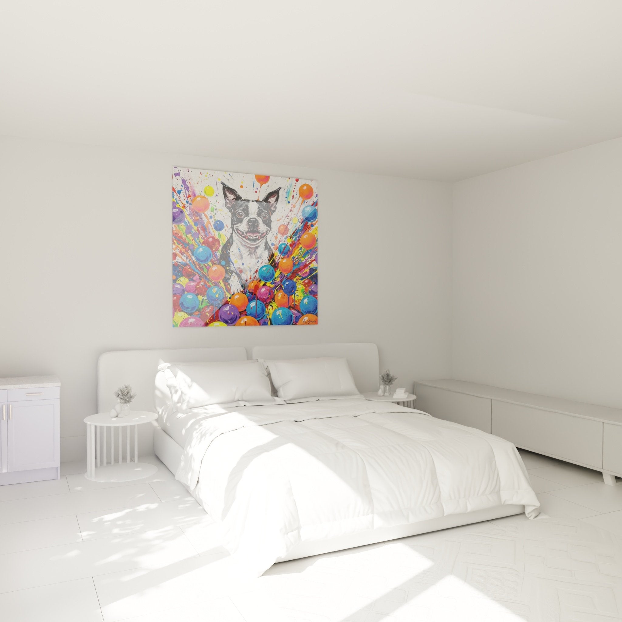 Bunte Boston Terrier Wanddekoration im modernen Schlafzimmer an weißer Wand mit fröhlicher Atmosphäre