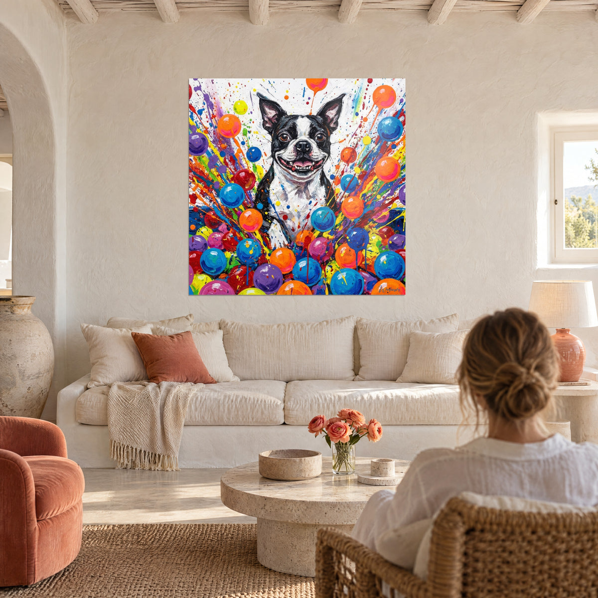 Πίνακας Boston Terrier που γελάει, ασπρόμαυρο τρίχωμα ανάμεσα σε πορτοκαλί και μπλε φούσκες, πάνω από καναπέ σε φωτεινό σαλόνι