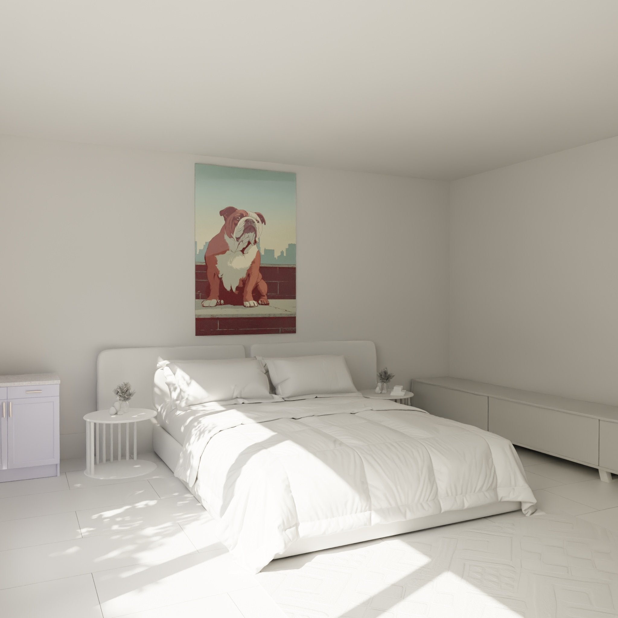 Decoration murale bouledogue anglais sur toit urbain dans chambre moderne ambiance contemporaine artistique
