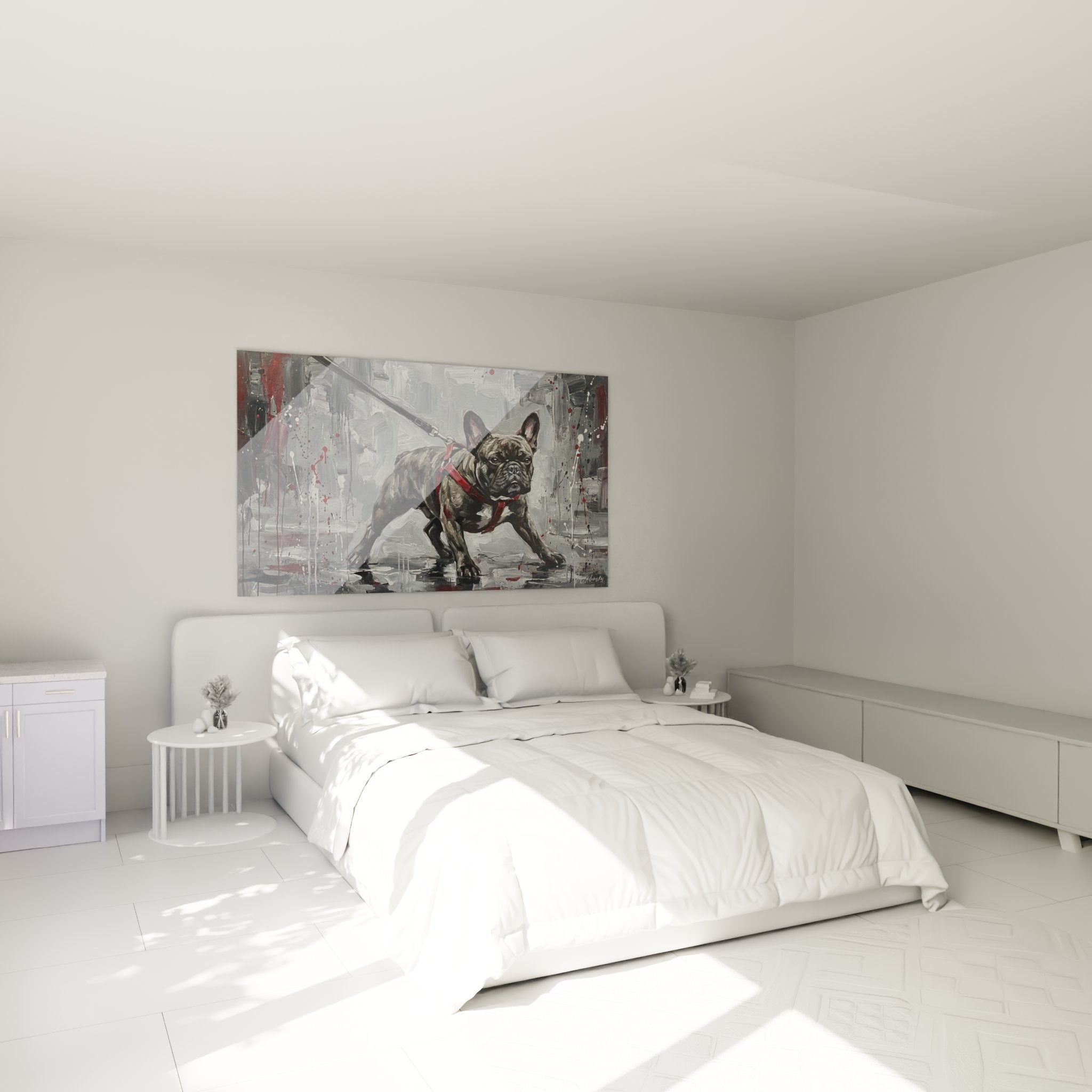 Decoration murale bouledogue francais chambre moderne tableau art urbain contemporain gris rouge