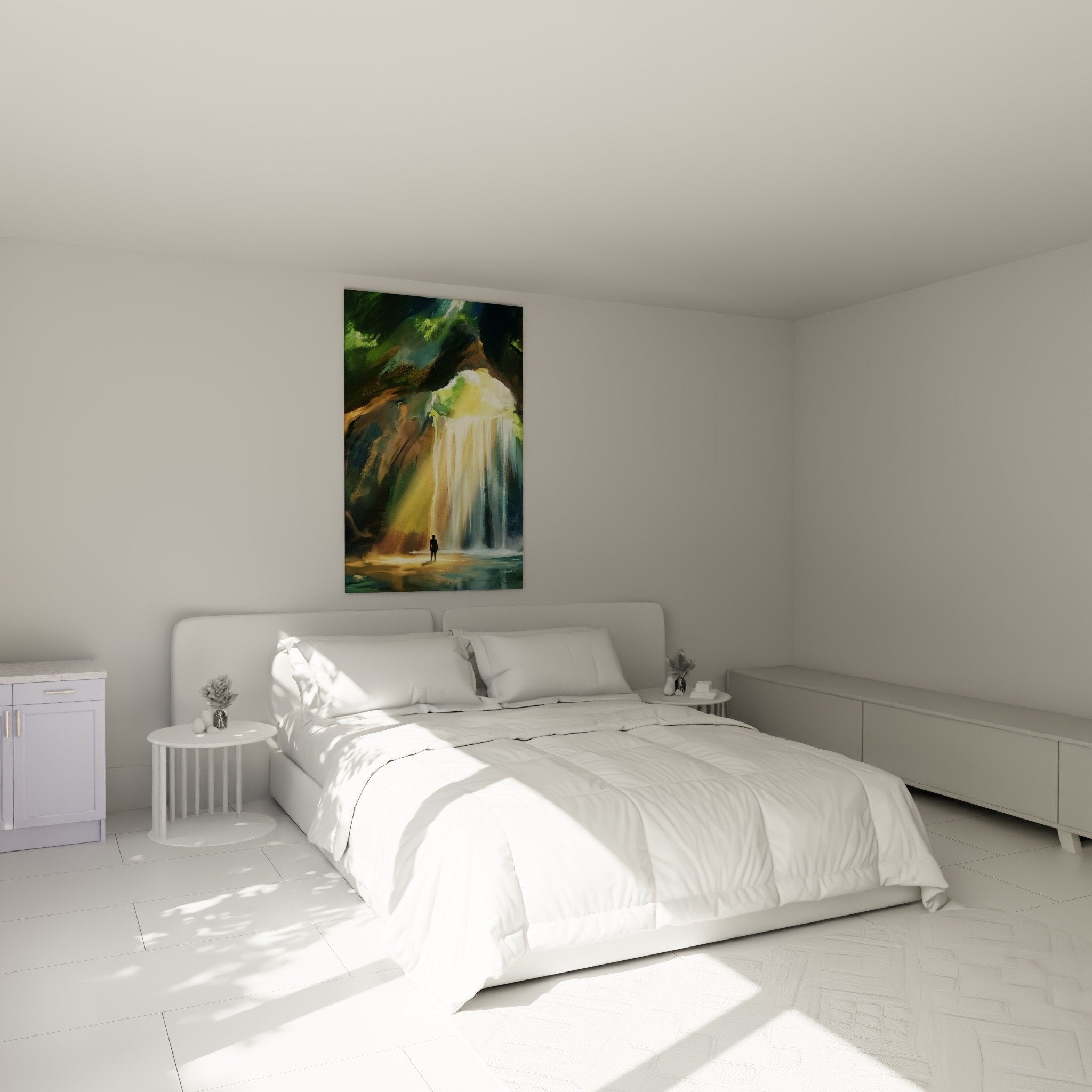 Green golden waterfall wall decoration bedroom zen tropical calming atmosphere bali