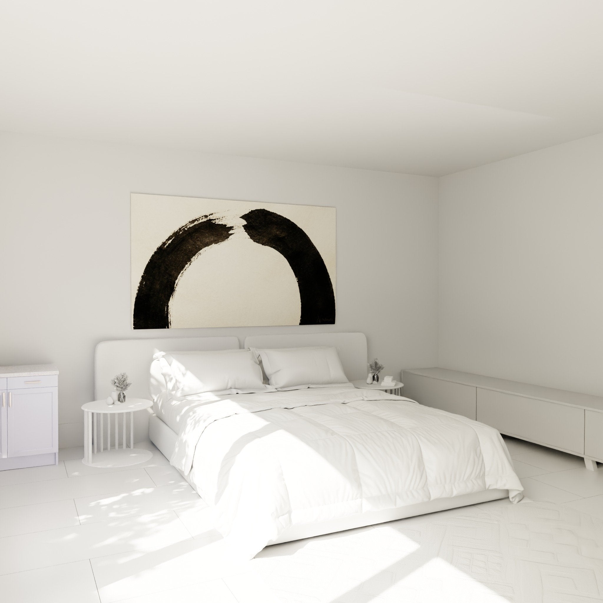 Abstract black and beige wall decoration in minimalist Japandi zen bedroom