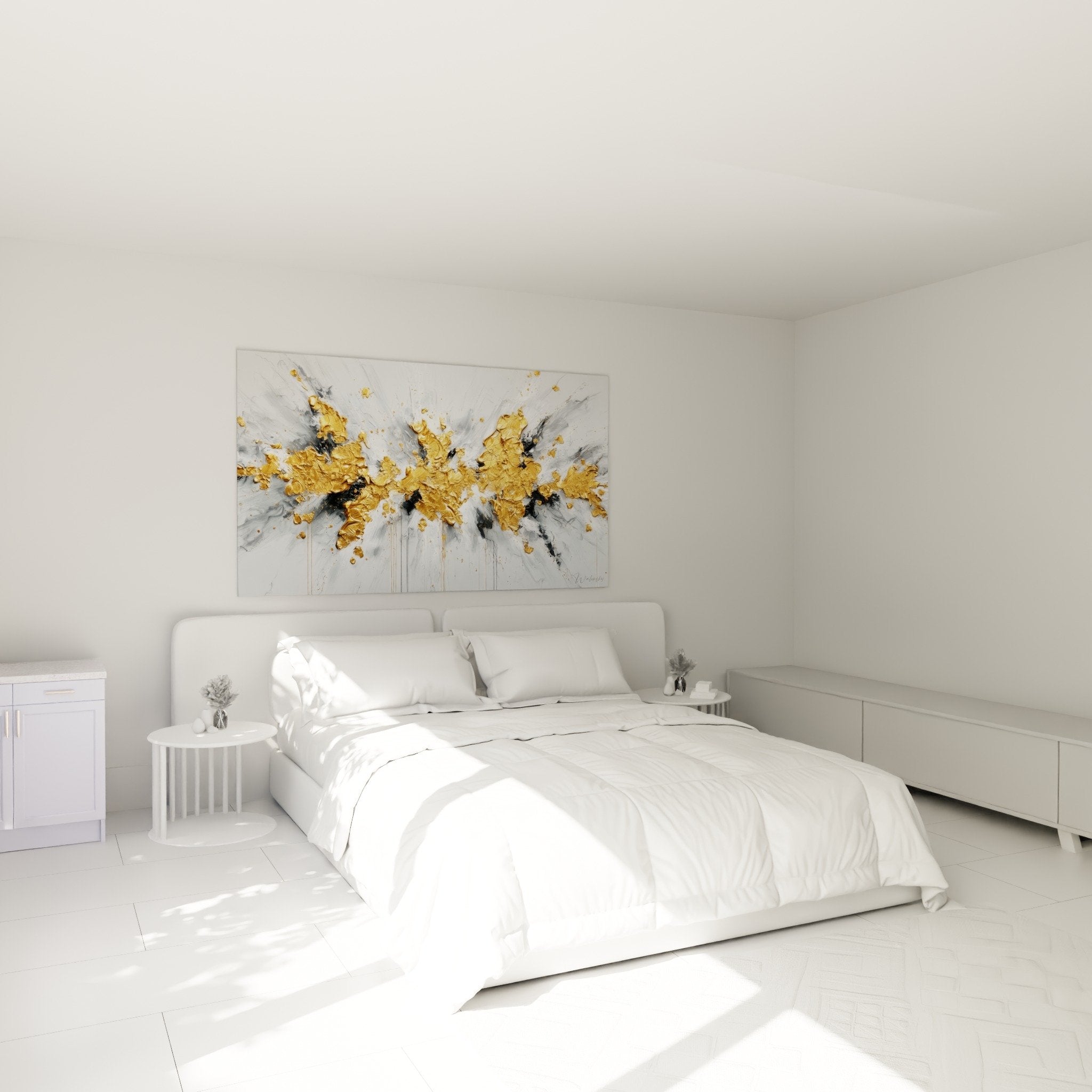 Décoration murale abstraite moderne explosion d'or dans chambre contemporaine épurée