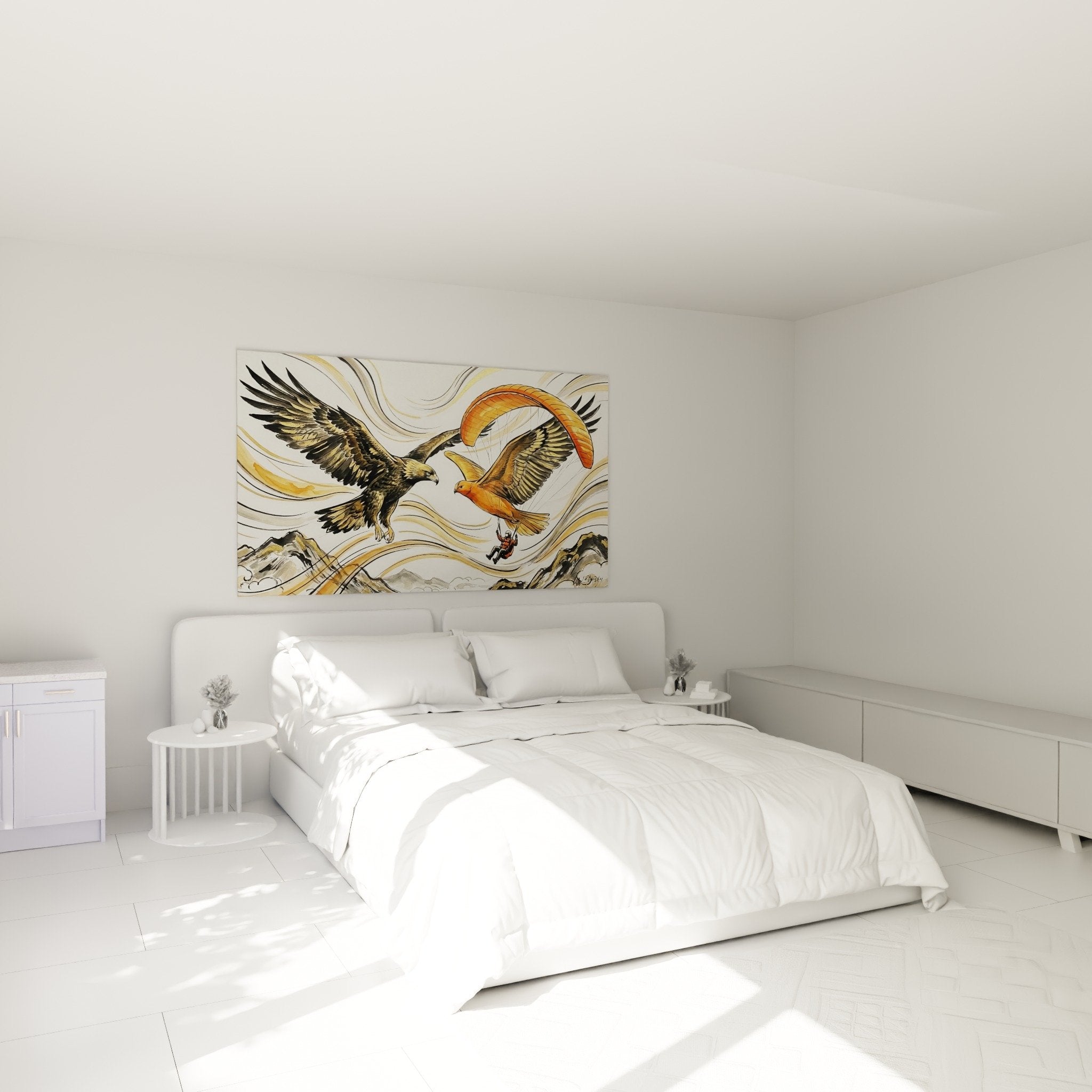 Schlafzimmer Deko Adler Gleitschirm Gemälde warme Farben Kuschel-Atmosphäre goldene Kupfertöne