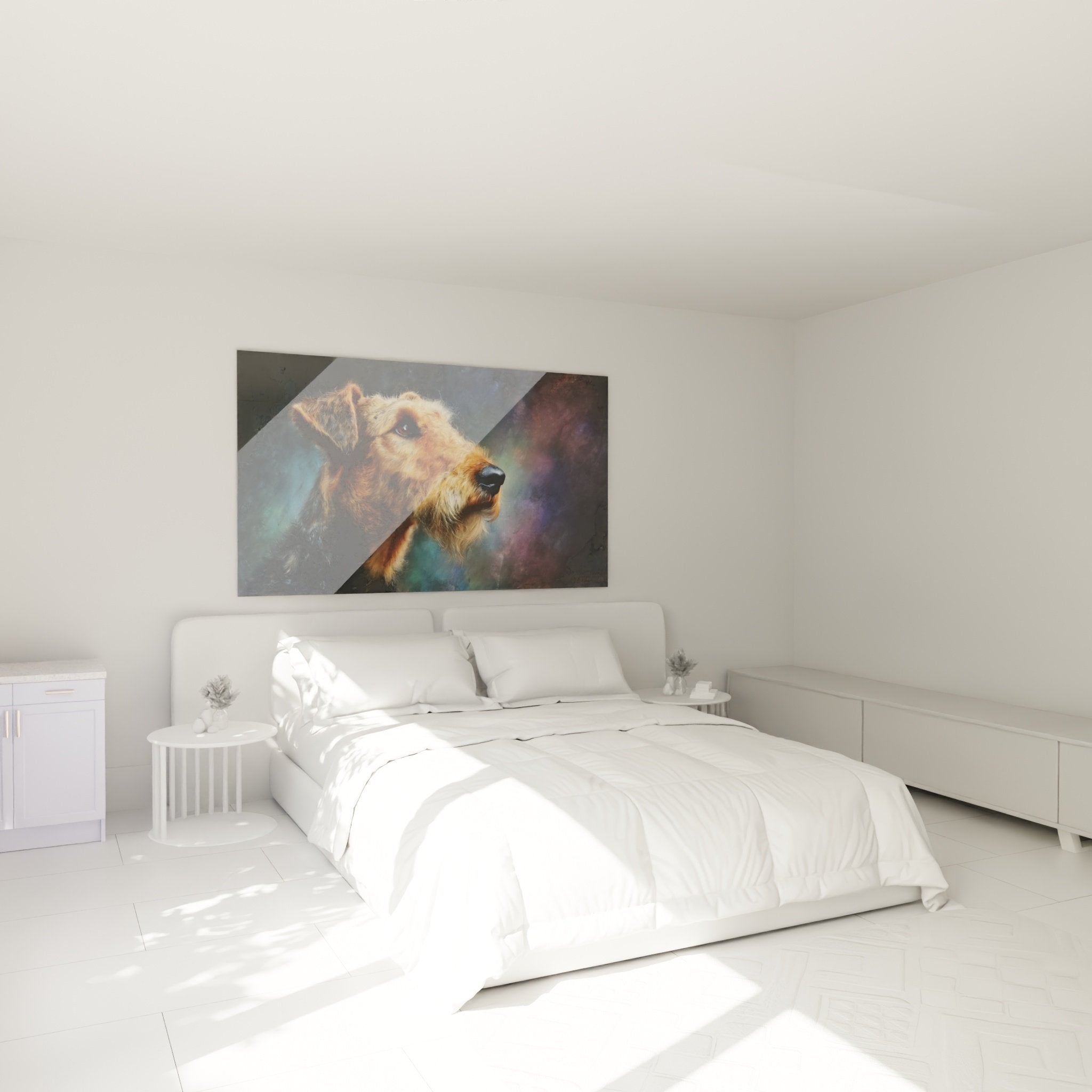Tableau Airedale Terrier profil cuivré décorant chambre moderne mur clair ambiance chaleureuse